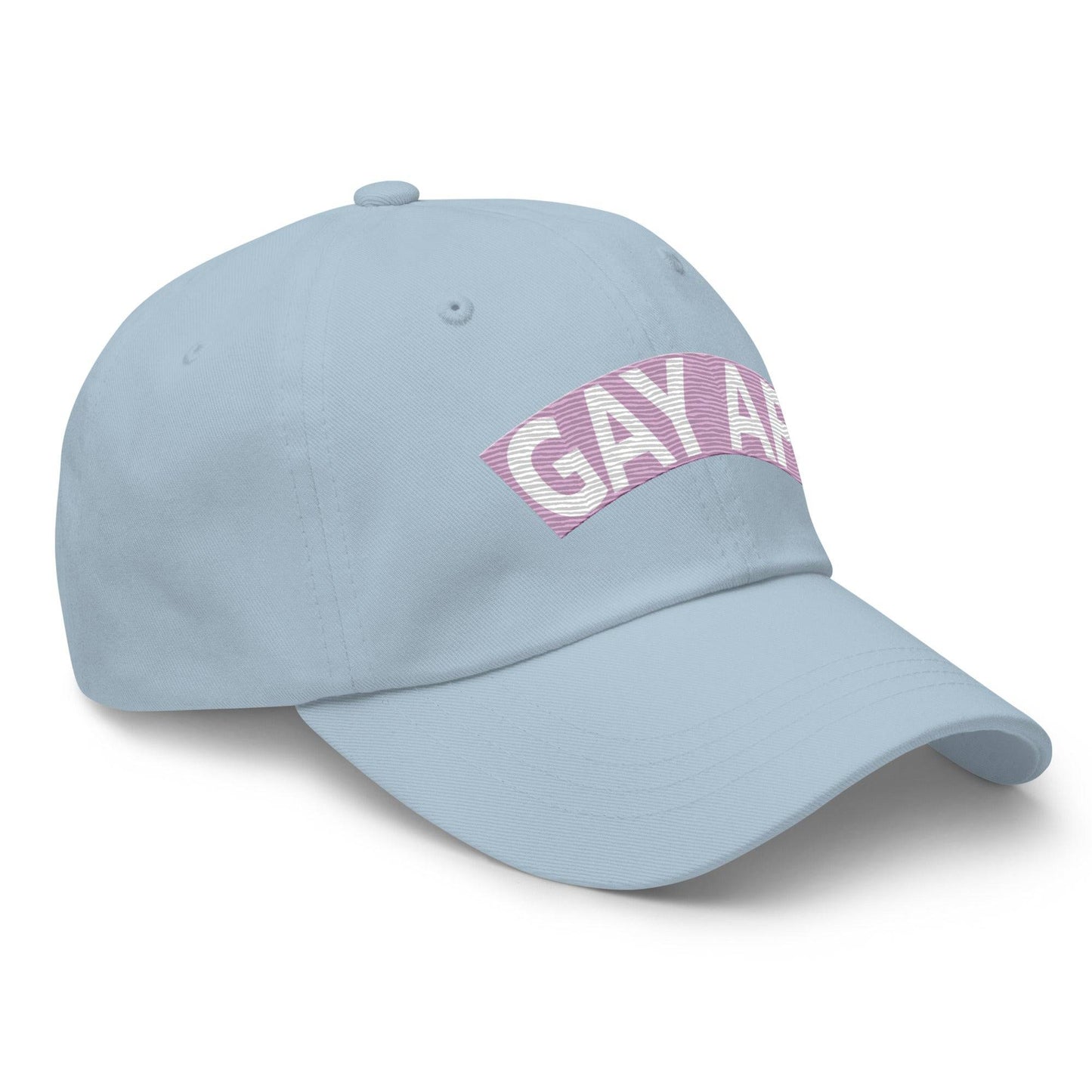 Introducing the Gay AF Cap by Pridelity: a stylish black cap that features "GAY AF" embroidered in white on a pink and white striped background, making it the perfect accessory to complement pride outfits.