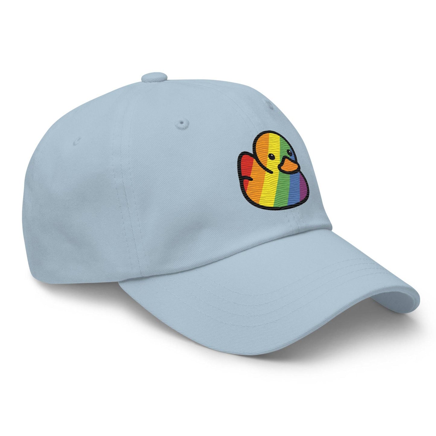 Introducing the Pride Duck Cap by Pridelity: a stylish black baseball cap adorned with an embroidered rainbow-patterned rubber duck, making it an ideal accessory for pride outfits. The vibrant design stands out beautifully against the solid black fabric, perfectly positioned at the center front of the cap.
