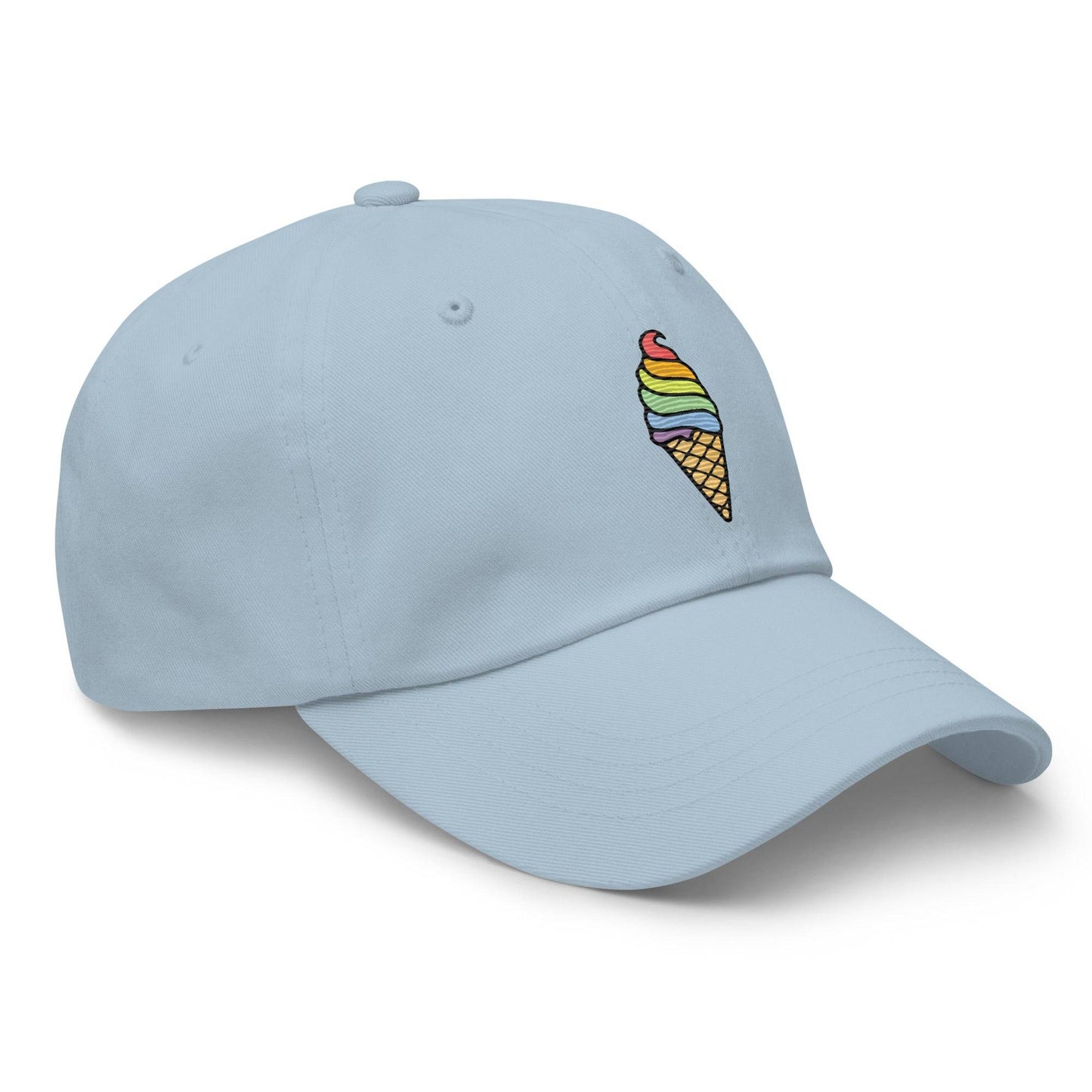 The Ice Cream Pride Cap by Pridelity is a black baseball cap featuring a vibrant embroidered ice cream cone with rainbow-colored swirls, making it an ideal accessory for pride outfits.