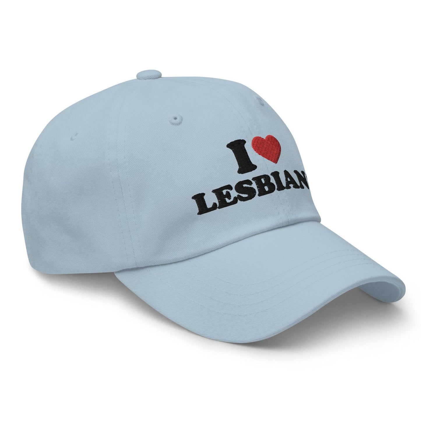 A pink "I Love Lesbians" cap by Pridelity, ideal for complementing your pride outfits.