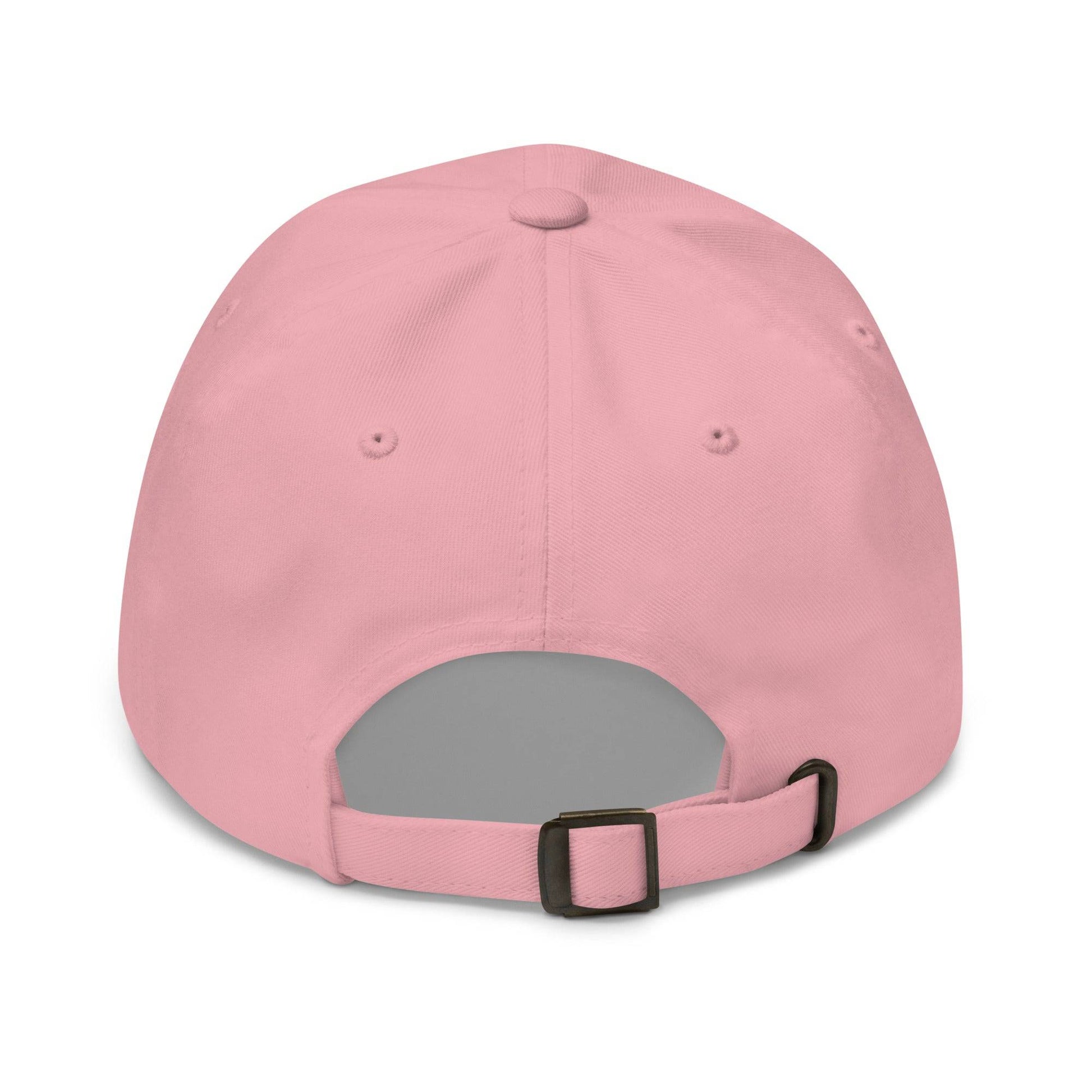 Introducing the Genderfluid Hearts Cap by Pridelity—a light blue baseball cap featuring five embroidered hearts in a vibrant spectrum of pink, gray, white, purple, black, and blue that captures the essence of pride outfits.