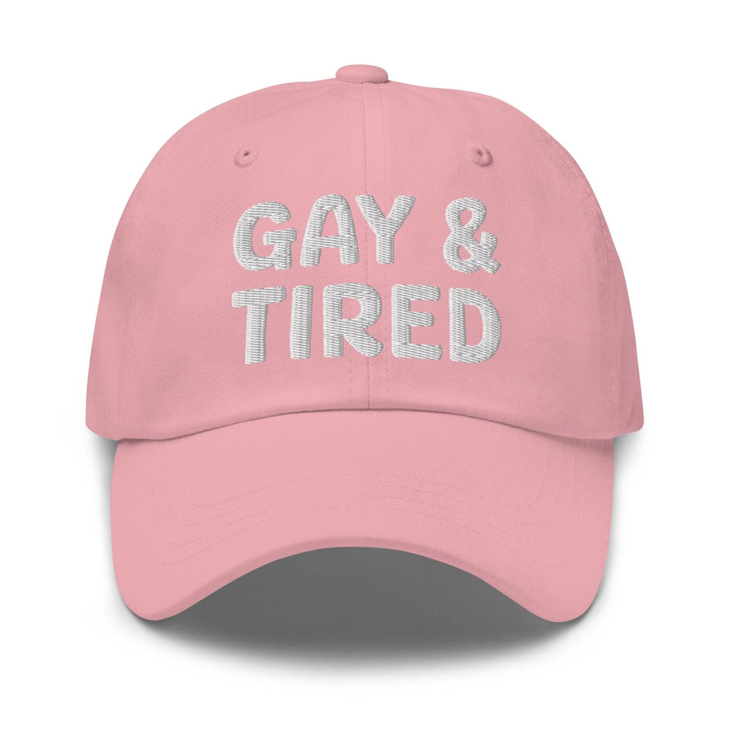 Introducing the Gay & Tired Cap by Pridelity, featuring bold white "GAY & TIRED" embroidery on its sleek black design—an ideal addition to bring both honesty and style to your pride outfits.