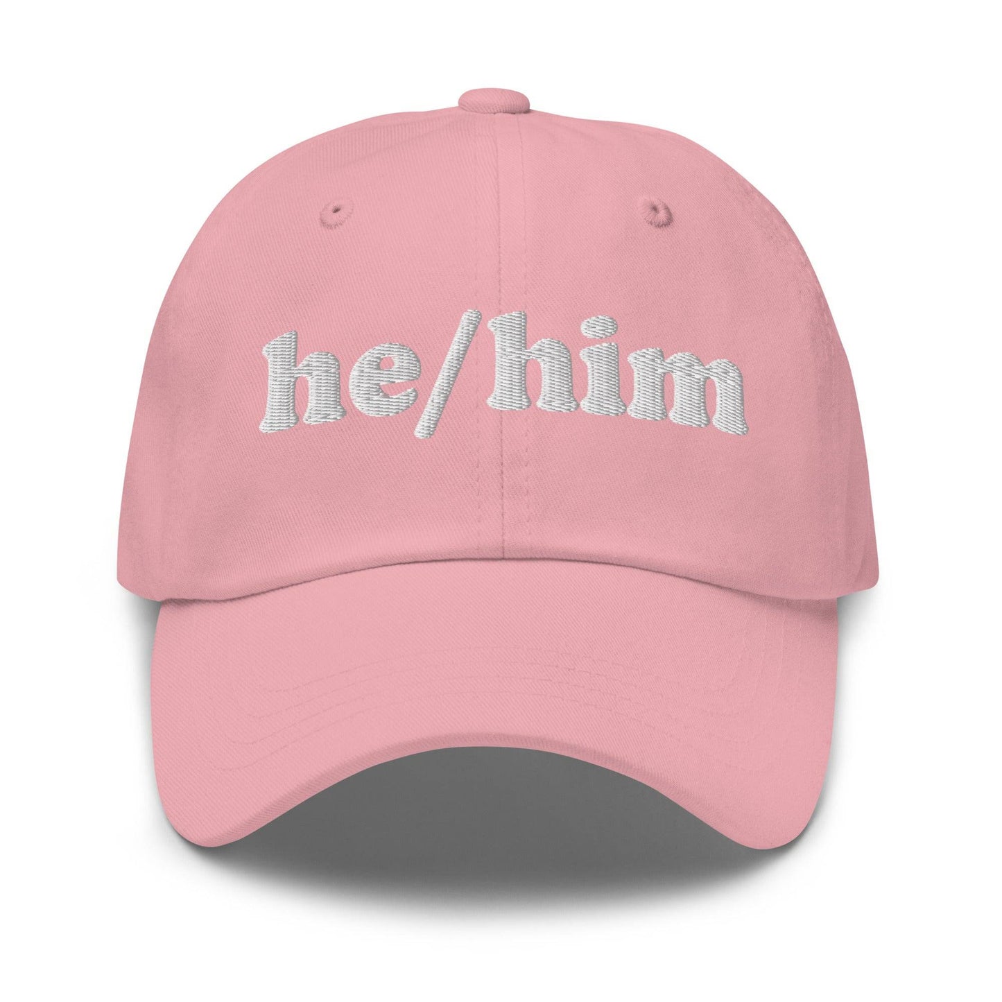 Introducing the He/Him Cap by Pridelity: A stylish black cap featuring "he/him" embroidered in white on the front. It adds a subtle yet meaningful touch to pride outfits while celebrating identity with simplicity and elegance.