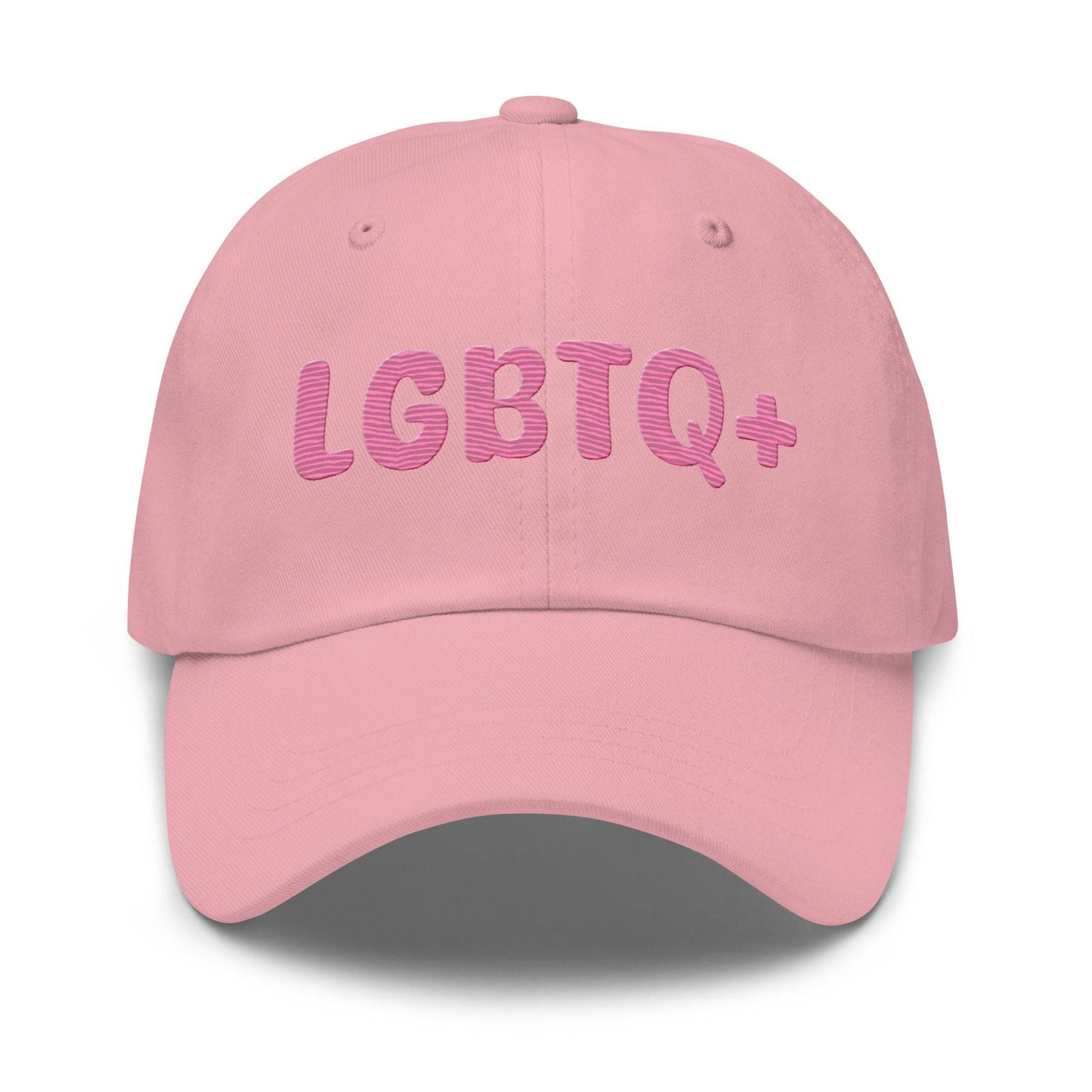 A white LGBTQ+ Cap by Pridelity, featuring pink lettering on the front, is perfect for enhancing pride outfits.
