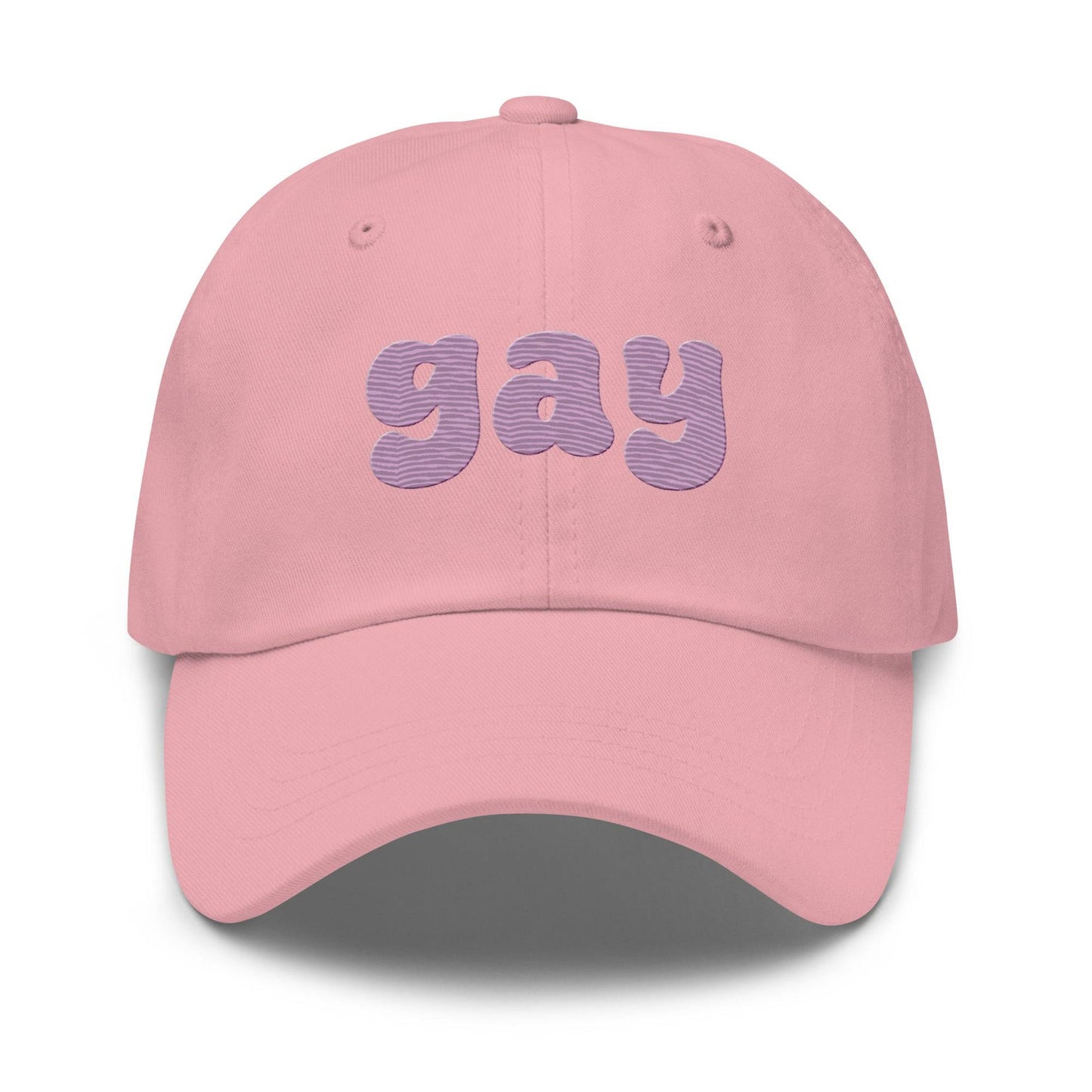Black Pridelity "Gay Cap" featuring bold, purple, bubble-like letters on the front, perfect for complementing your pride outfits.