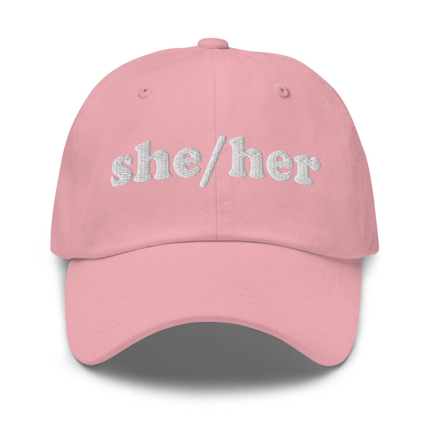 Add the Pridelity "She/Her Cap" to your pride wardrobe. This black baseball cap features "she/her" embroidered in white on the front center, making it a perfect addition to your pride outfits.
