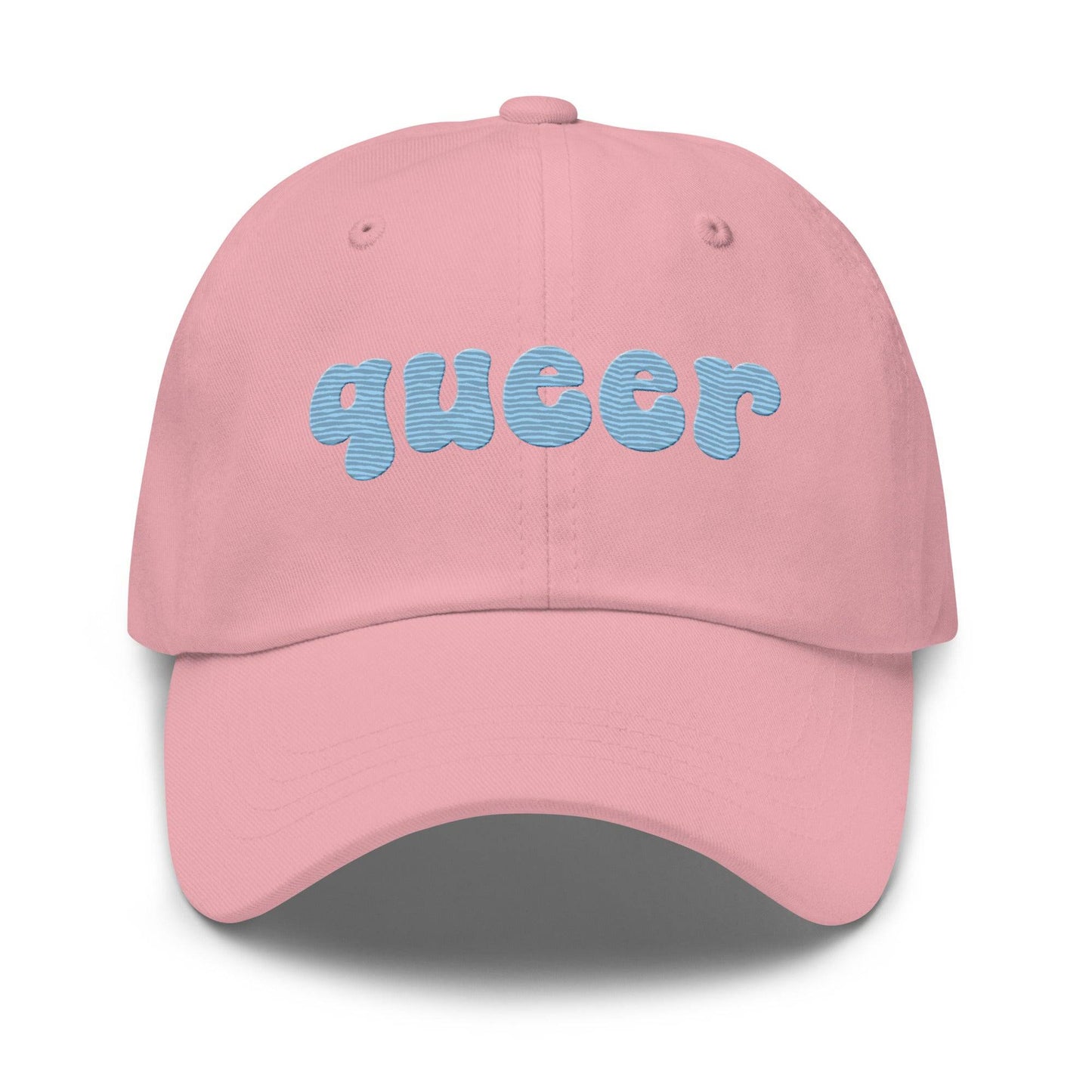 Introducing the Queer Cap by Pridelity, a black baseball cap with "queer" elegantly embroidered in light blue bold, rounded letters on the front. Perfect for pride outfits, it features a curved brim and top ventilation eyelets for added comfort.