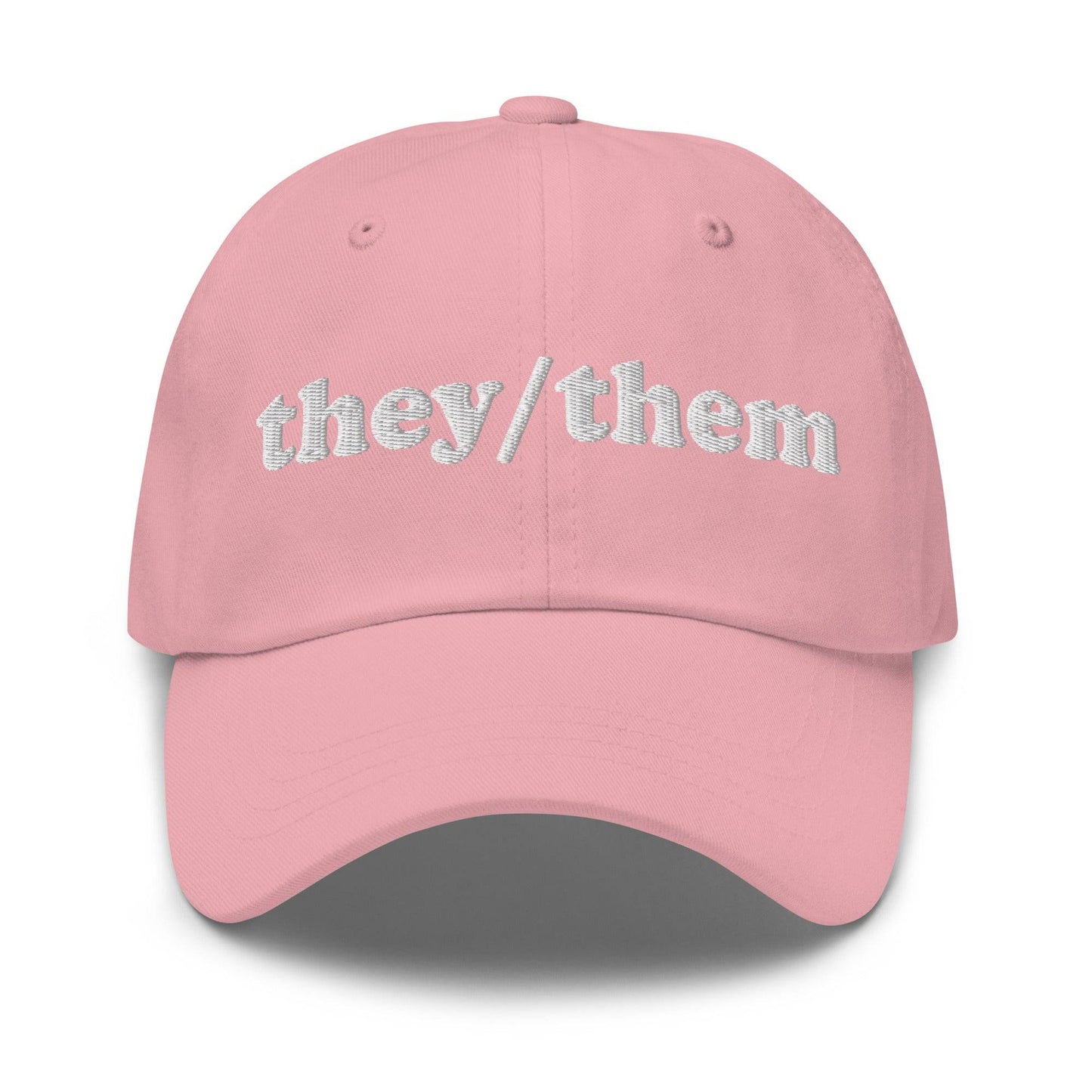 Introducing the They/Them Cap by Pridelity, a stylish black cap with "they/them" embroidered in white on the front, making it an ideal accessory for pairing with pride outfits.