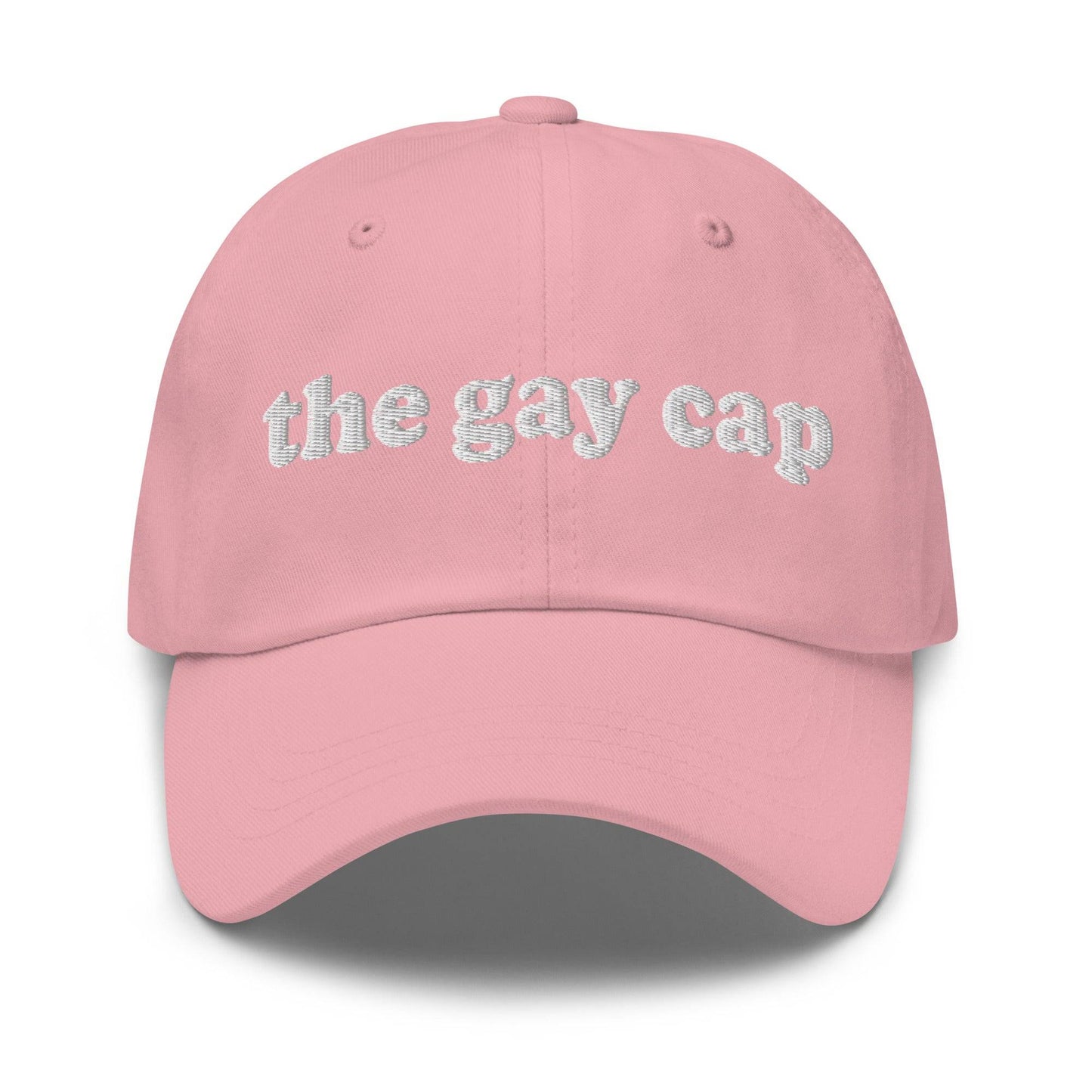 This stylish black cap from Pridelity features white embroidered text reading "The Gay Cap" on the front, making it an ideal accessory for pride outfits.