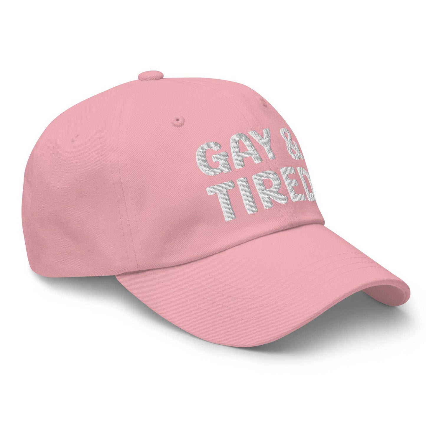 Introducing the Gay & Tired Cap by Pridelity, featuring bold white "GAY & TIRED" embroidery on its sleek black design—an ideal addition to bring both honesty and style to your pride outfits.