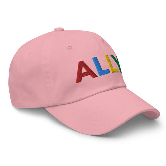 The Ally Cap by Pridelity in pink showcases the word "ALLY" beautifully embroidered in vibrant, multicolored letters: red, blue, yellow, and green.