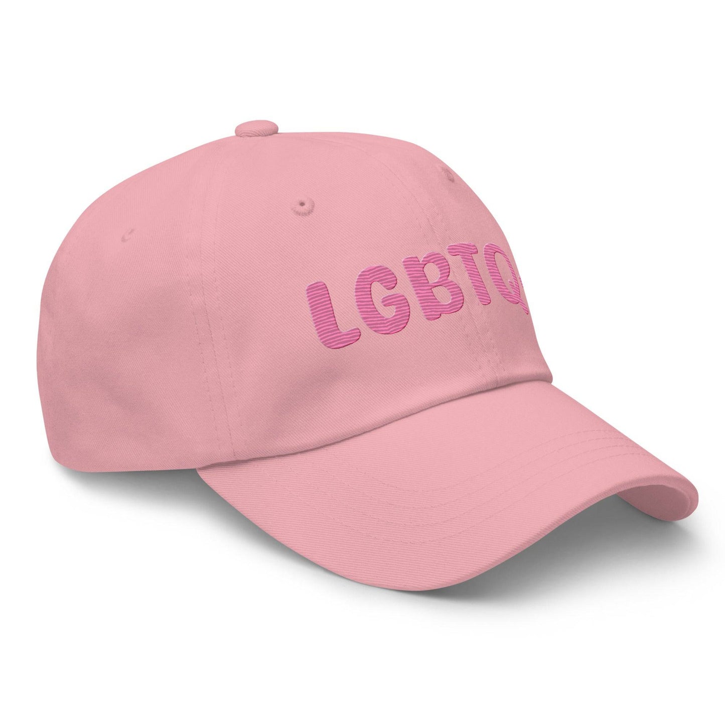 A white LGBTQ+ Cap by Pridelity, featuring pink lettering on the front, is perfect for enhancing pride outfits.