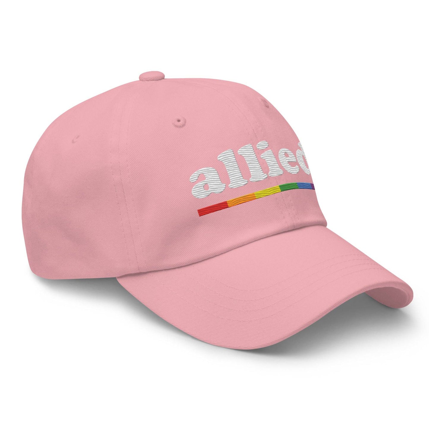A Pridelity Allied Cap featuring "allied" embroidered in white above a vibrant, Pride-inspired rainbow line.