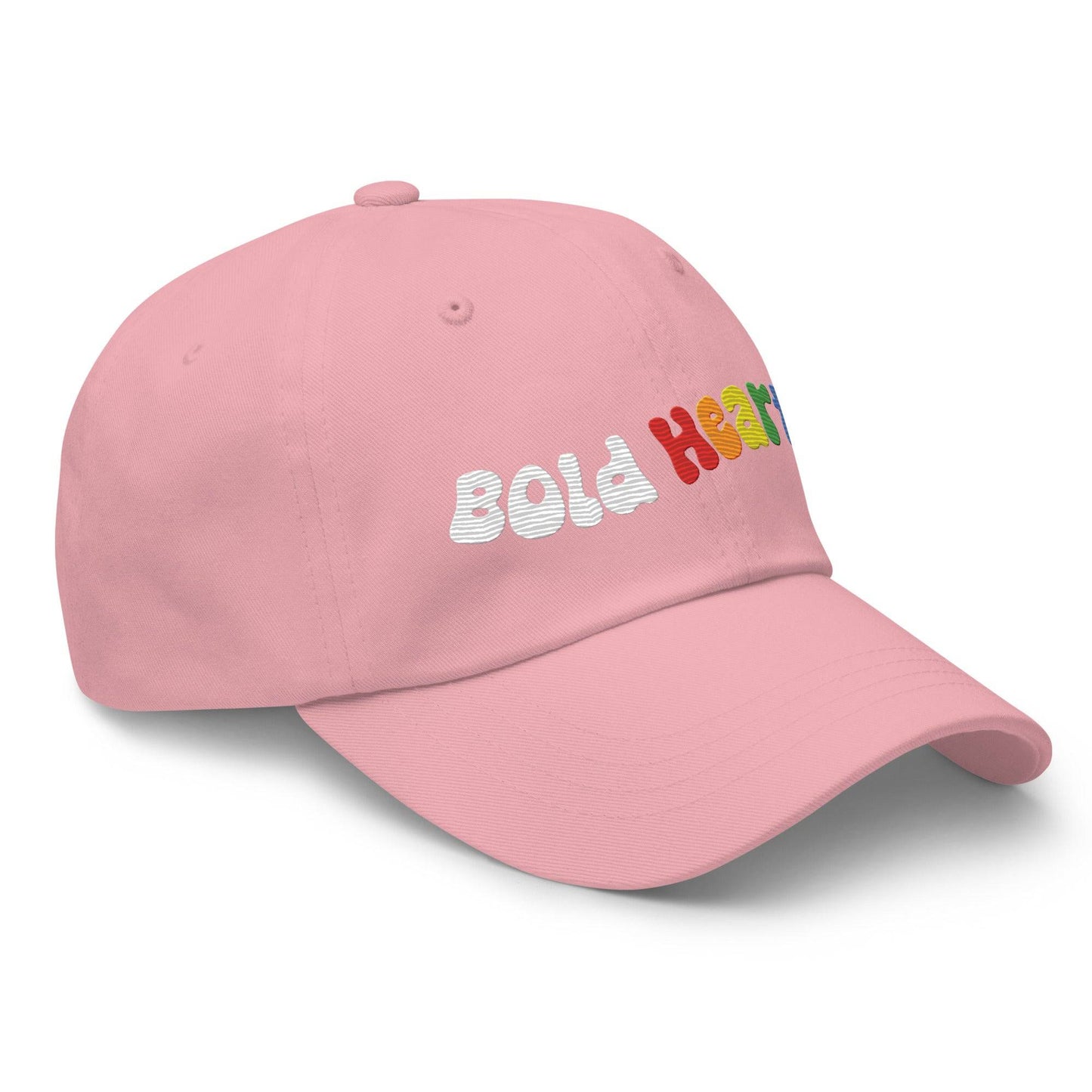 The Bold Hearts Cap by Pridelity, a black baseball cap with "Bold Hearts" embroidered in vibrant multicolored letters on the front, is a standout piece from our Pride Collections.