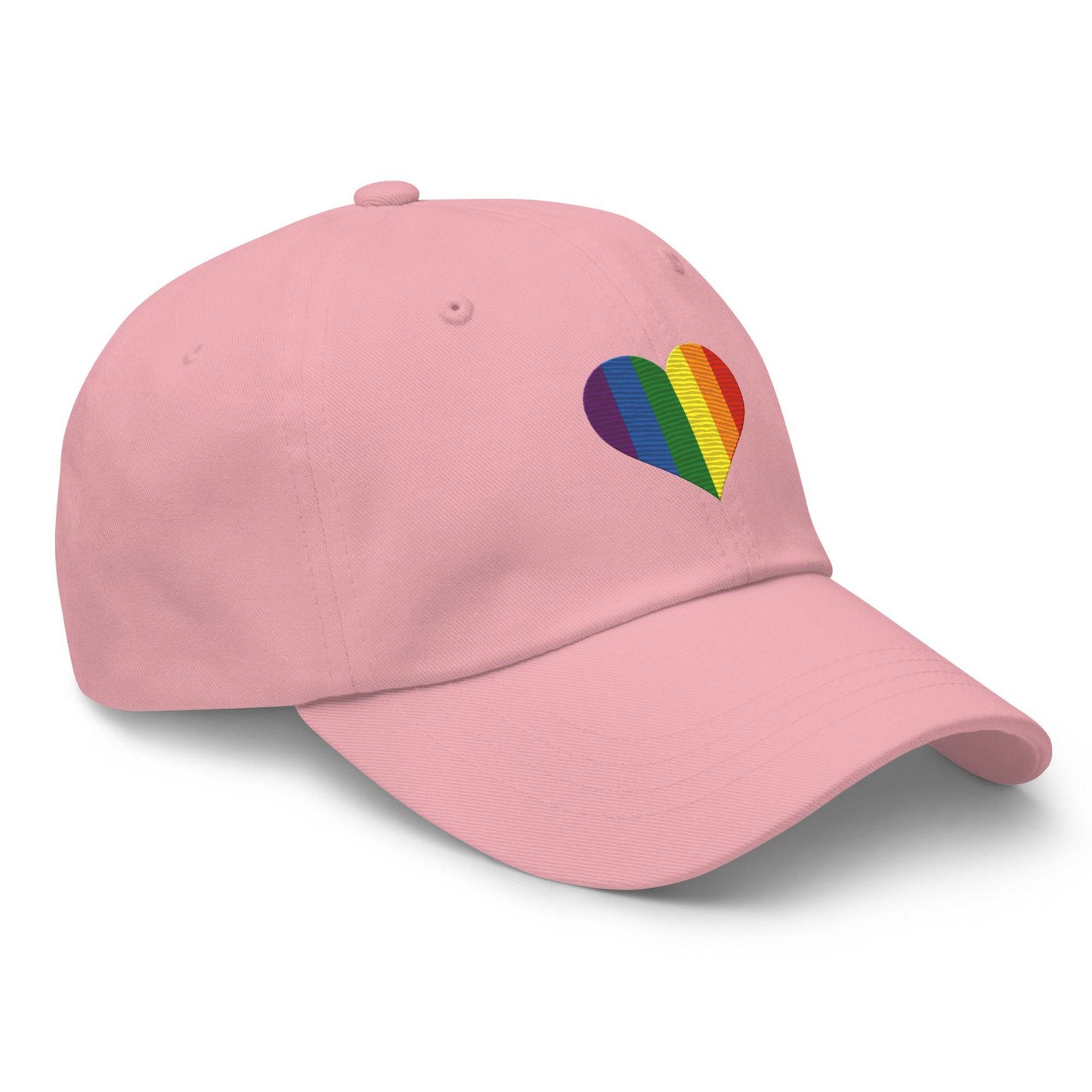 The Pride Heart Cap by Pridelity is a stylish black baseball cap adorned with a vibrant rainbow-colored heart design on the front, ideal for enhancing any pride outfit.