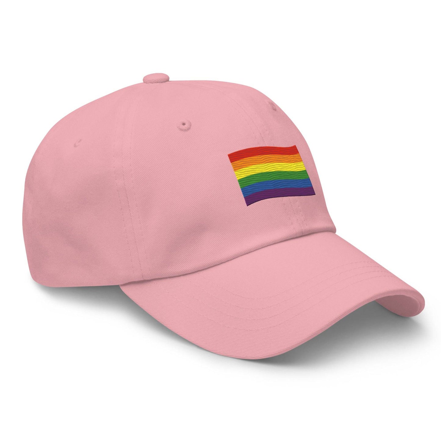 Introducing the Pridelity Pride Flag Cap, a sleek black design featuring a small rainbow flag emblem on the front. It's ideal for adding a touch of pride to your outfits, with the flag's horizontal stripes in red, orange, yellow, green, blue, and purple elegantly representing diversity and inclusion.
