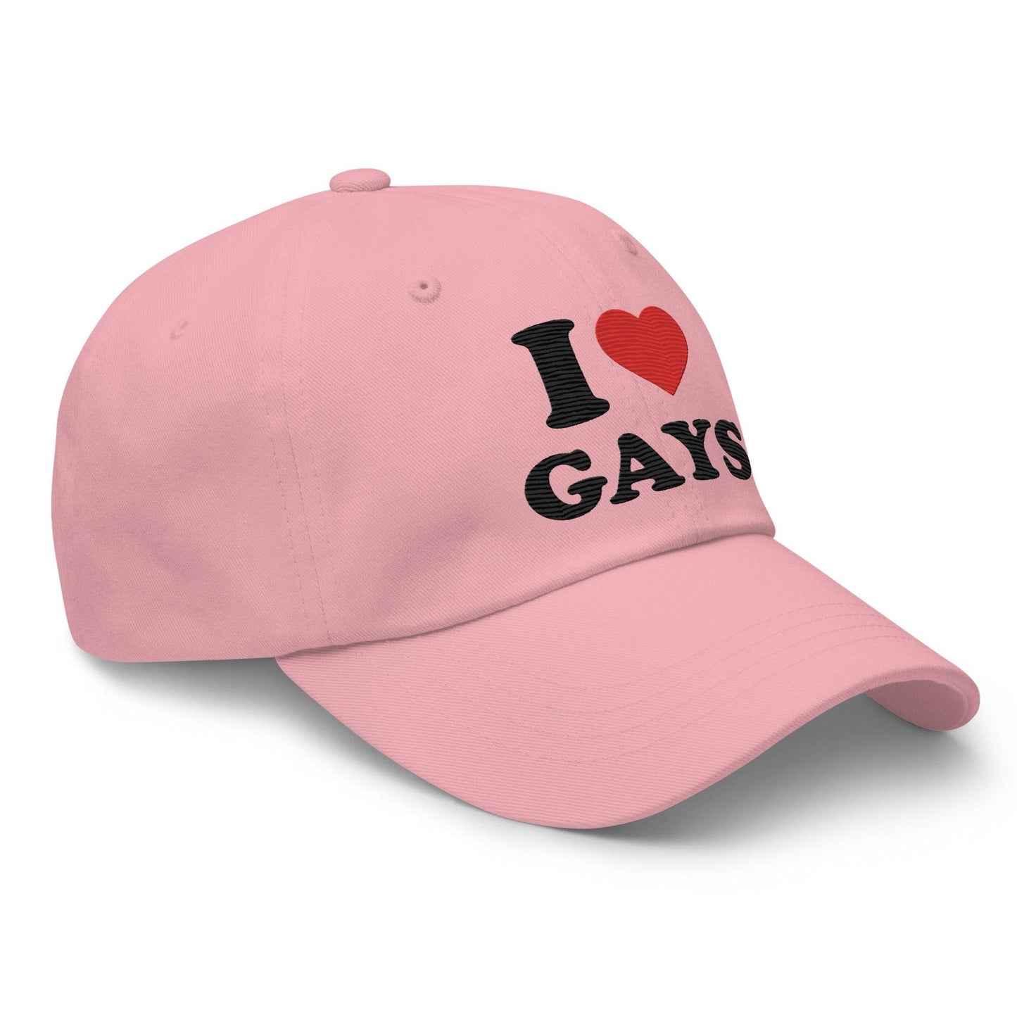 The I Love Gays Cap by Pridelity is a standout piece in pride outfits, showcasing the phrase "I ♥ GAYS" embroidered on its pink fabric. The heart is a vibrant red, with the rest of the message boldly displayed in black.