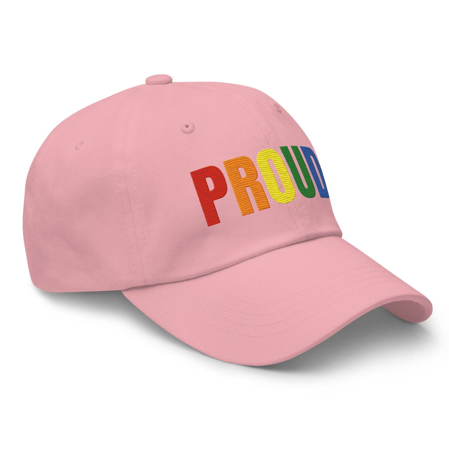 Check out the Proud. Cap by Pridelity—it's a stylish black cap featuring "PROUD." embroidered in vibrant rainbow colors, making it an ideal accessory to enhance any pride outfit.