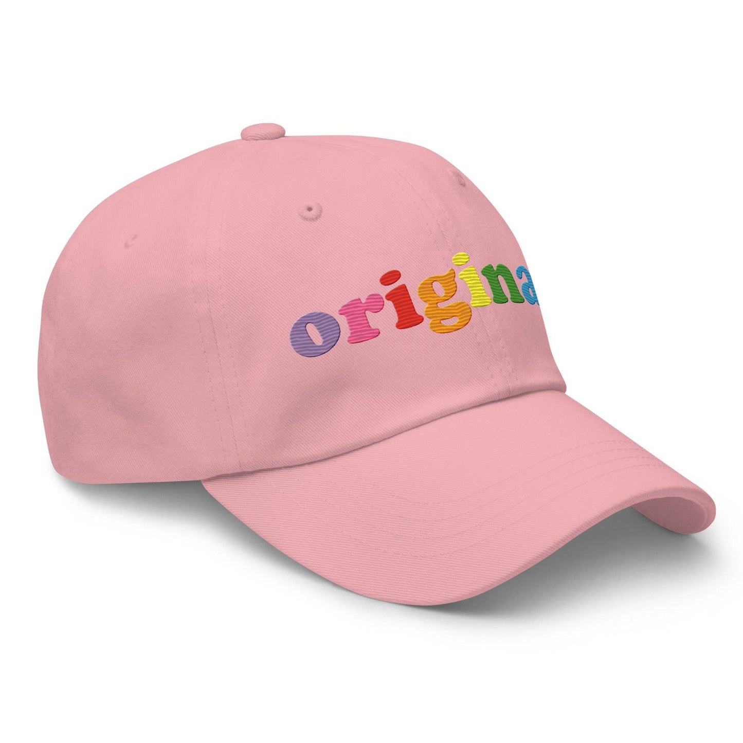 Black baseball cap by Pridelity, featuring the word "Original" embroidered in a vibrant rainbow gradient, perfect for pride outfits.