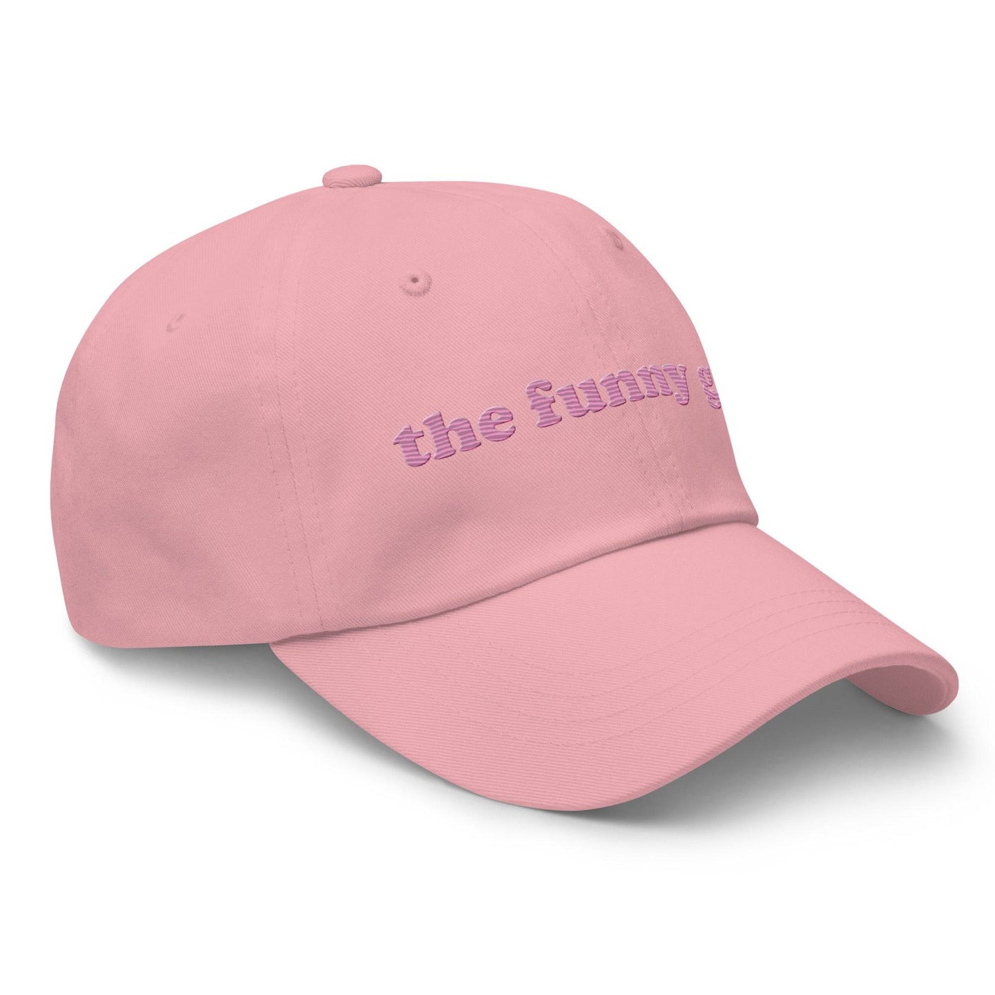 Introducing "The Funny Gay Cap" by Pridelity, a white cap featuring pink embroidered text that reads "the funny gay," ideal for adding a playful flair to your pride ensembles.