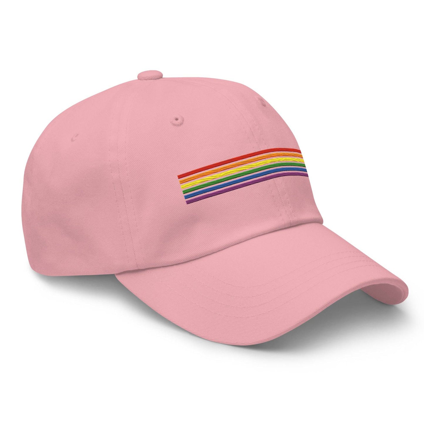 Introducing the Rainbow Stripes Cap by Pridelity: a black baseball cap adorned with a horizontal rainbow stripe, perfect for pride outfits. The vibrant colors pop against the dark fabric, making it a standout piece. Set against a white background, this cap is the ideal accessory to celebrate inclusivity and style.