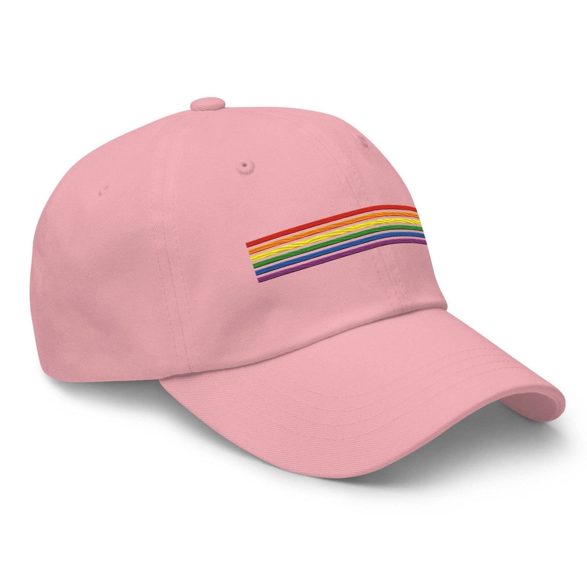 Introducing the Rainbow Stripes Cap by Pridelity: a black baseball cap adorned with a horizontal rainbow stripe, perfect for pride outfits. The vibrant colors pop against the dark fabric, making it a standout piece. Set against a white background, this cap is the ideal accessory to celebrate inclusivity and style.
