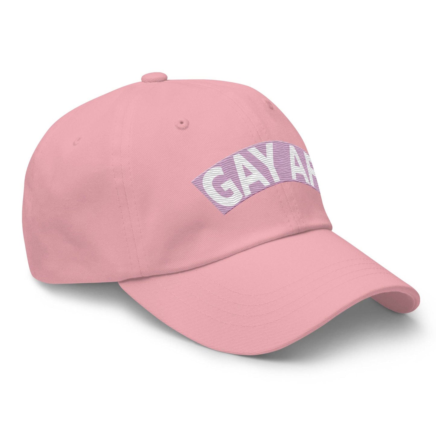 Introducing the Gay AF Cap by Pridelity: a stylish black cap that features "GAY AF" embroidered in white on a pink and white striped background, making it the perfect accessory to complement pride outfits.