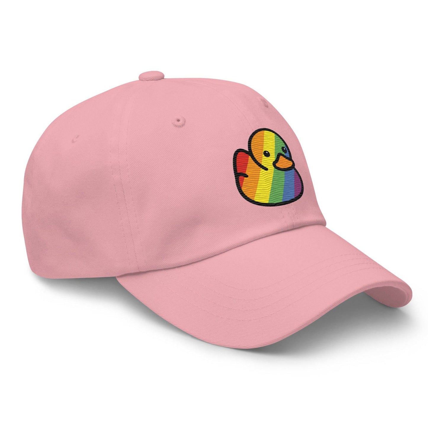 Introducing the Pride Duck Cap by Pridelity: a stylish black baseball cap adorned with an embroidered rainbow-patterned rubber duck, making it an ideal accessory for pride outfits. The vibrant design stands out beautifully against the solid black fabric, perfectly positioned at the center front of the cap.