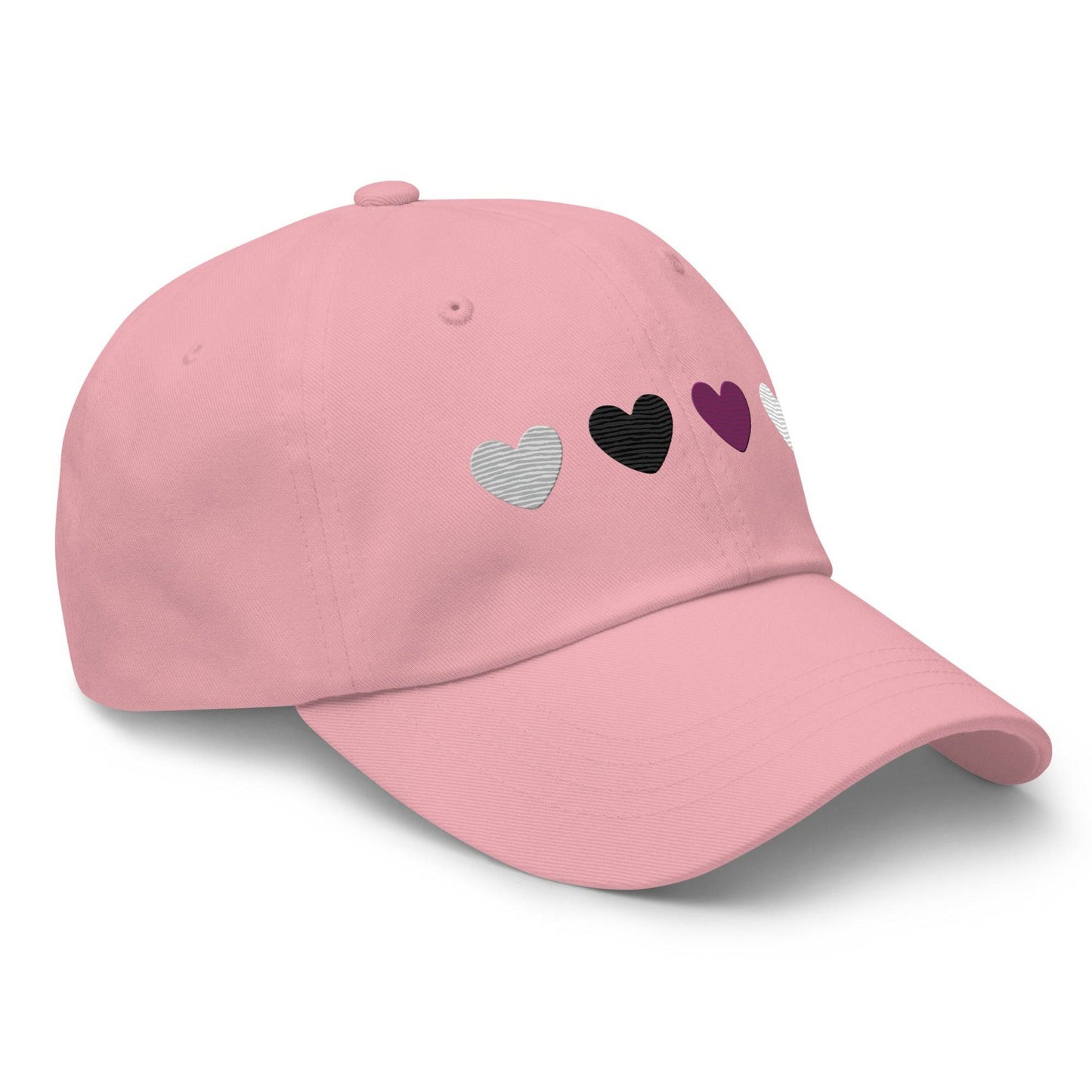 The Demisexual Hearts Cap from Pridelity, featuring four heart symbols in silver, black, purple, and white on a stone base, seamlessly complements pride outfits.
