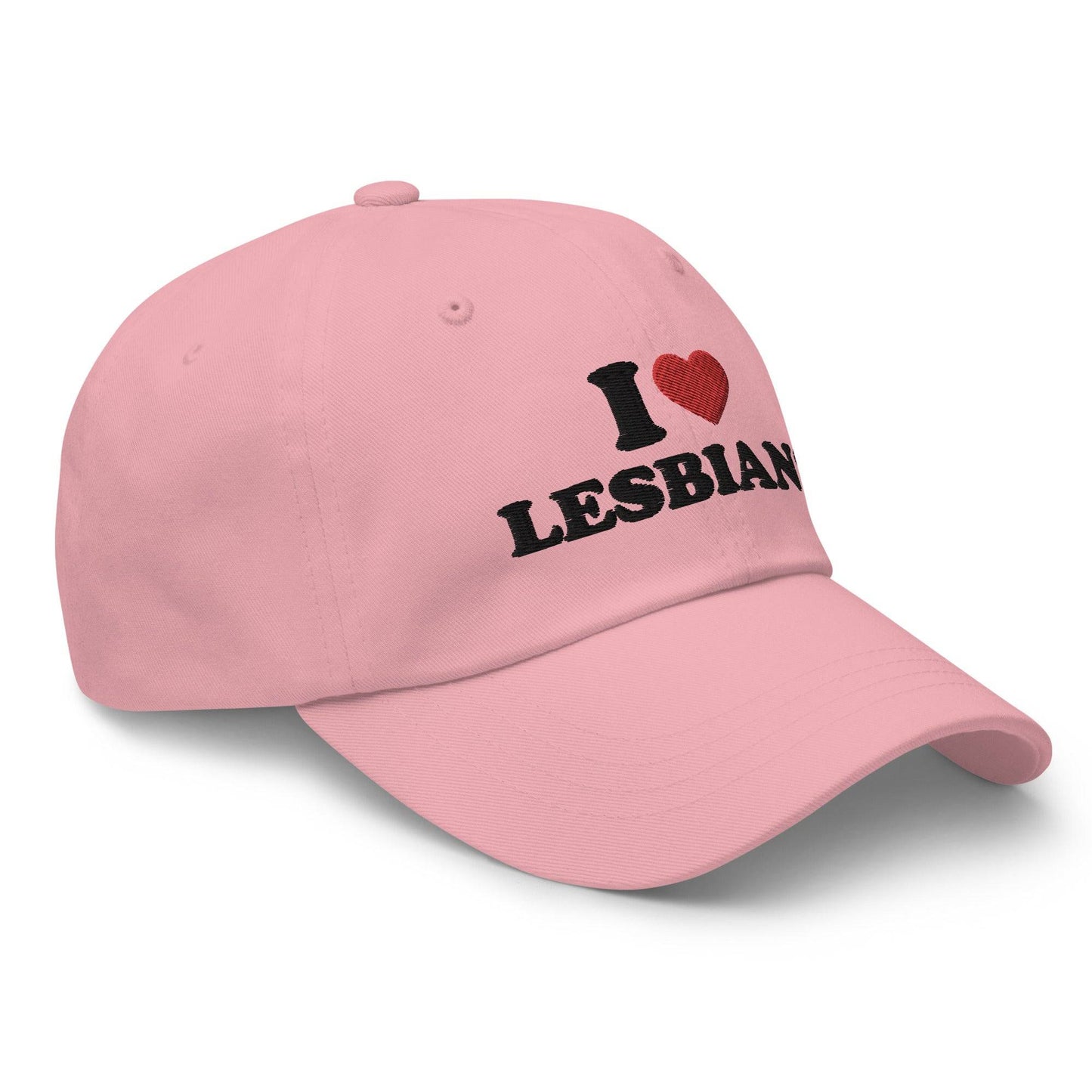 A pink "I Love Lesbians" cap by Pridelity, ideal for complementing your pride outfits.