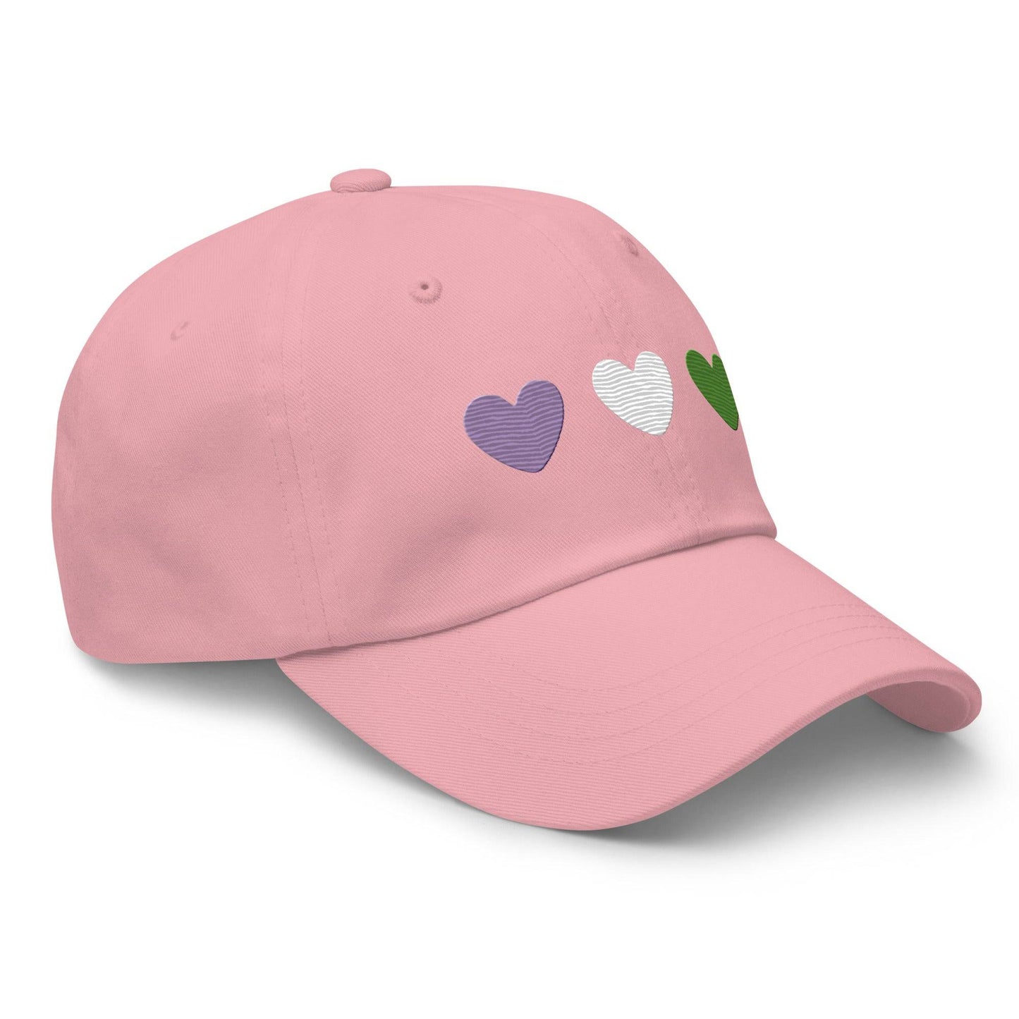 The Genderqueer Hearts Cap by Pridelity is a black baseball cap, ideal for pride outfits, featuring three heart designs embroidered on the front in purple, white, and green from left to right.