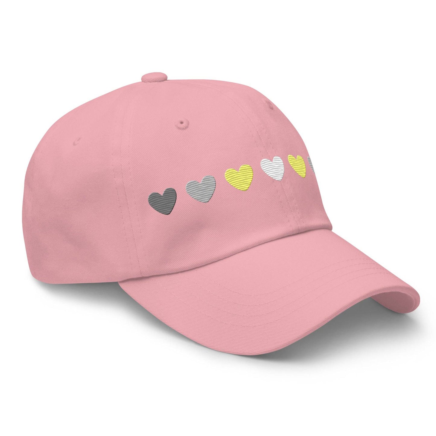 Introducing the Demigender Hearts Cap by Pridelity, a stylish black baseball cap ideal for pride outfits. It features a row of hearts embroidered on the front, transitioning seamlessly from gray on the left to vibrant yellow in the center, and back to gray on the right.