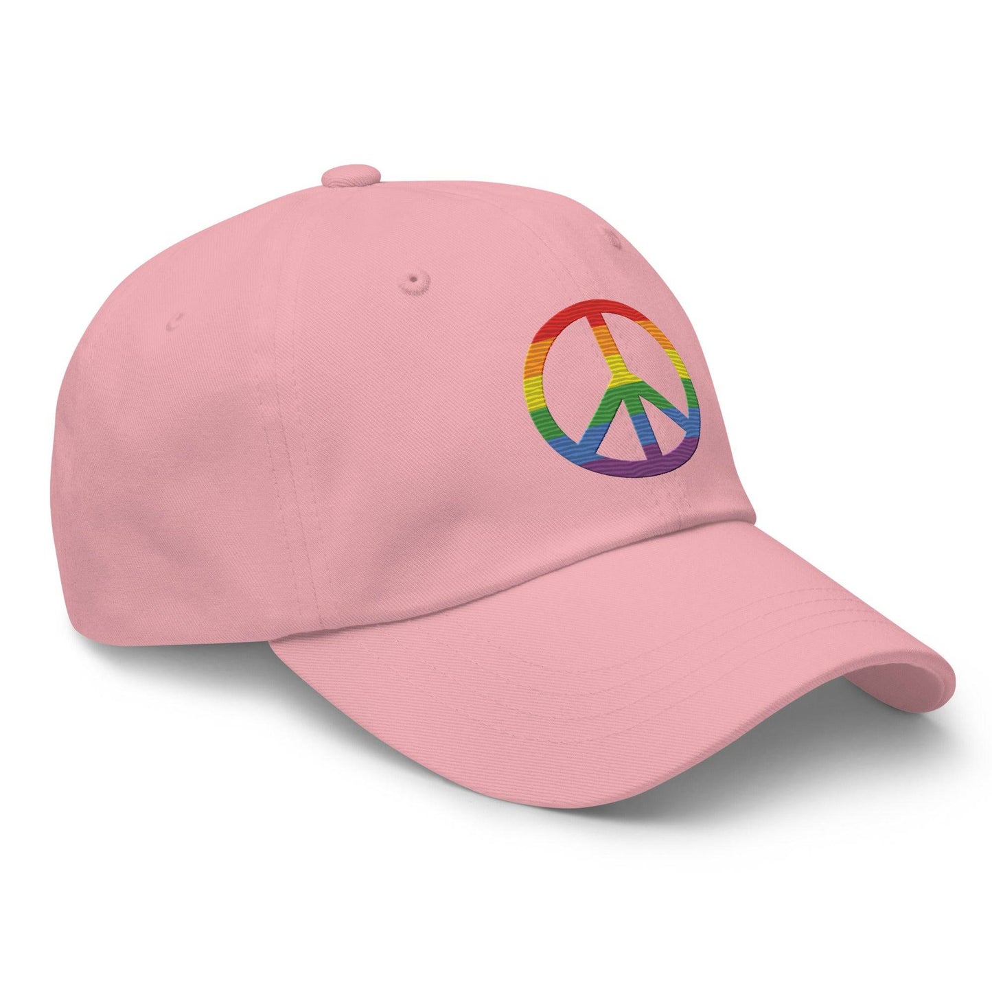 The "Peace Cap" by Pridelity is a black baseball cap ideal for pride outfits, featuring a rainbow-colored peace sign on the front.