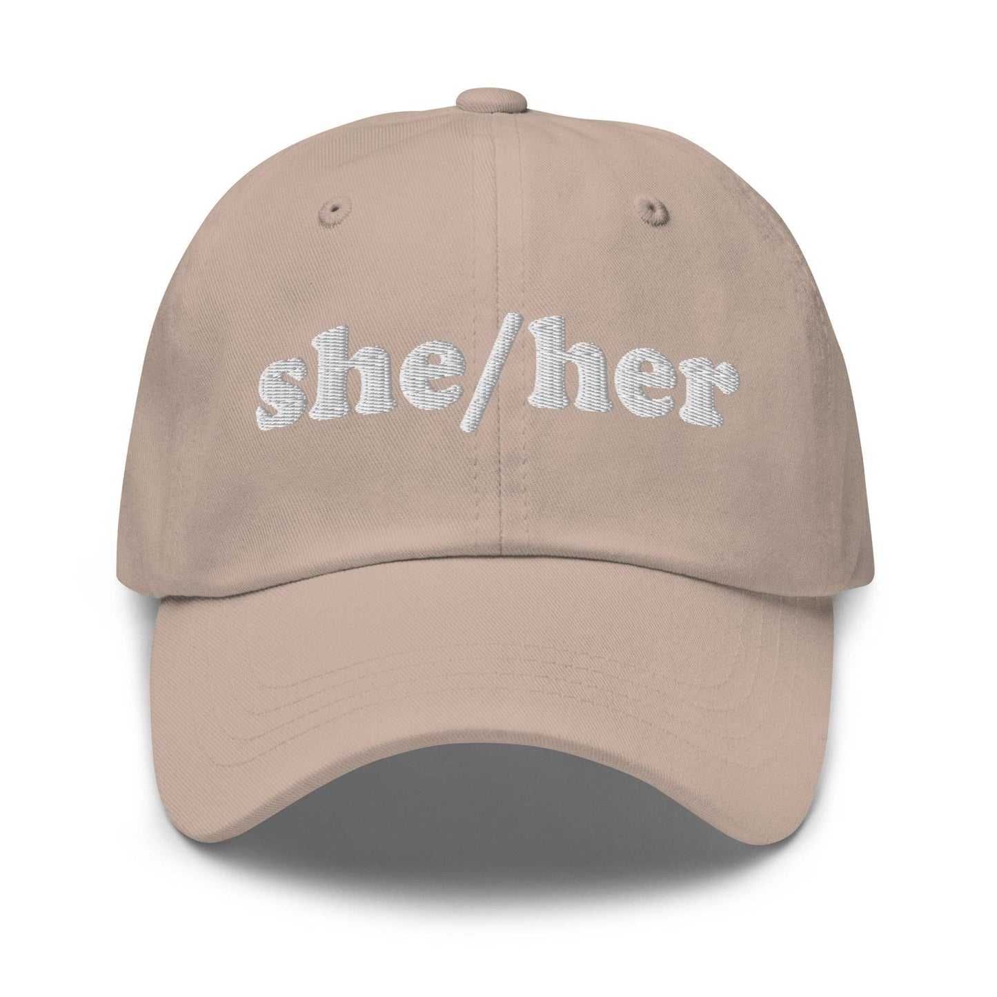 Add the Pridelity "She/Her Cap" to your pride wardrobe. This black baseball cap features "she/her" embroidered in white on the front center, making it a perfect addition to your pride outfits.