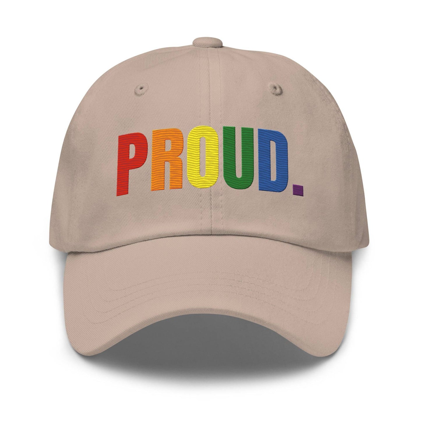 Check out the Proud. Cap by Pridelity—it's a stylish black cap featuring "PROUD." embroidered in vibrant rainbow colors, making it an ideal accessory to enhance any pride outfit.