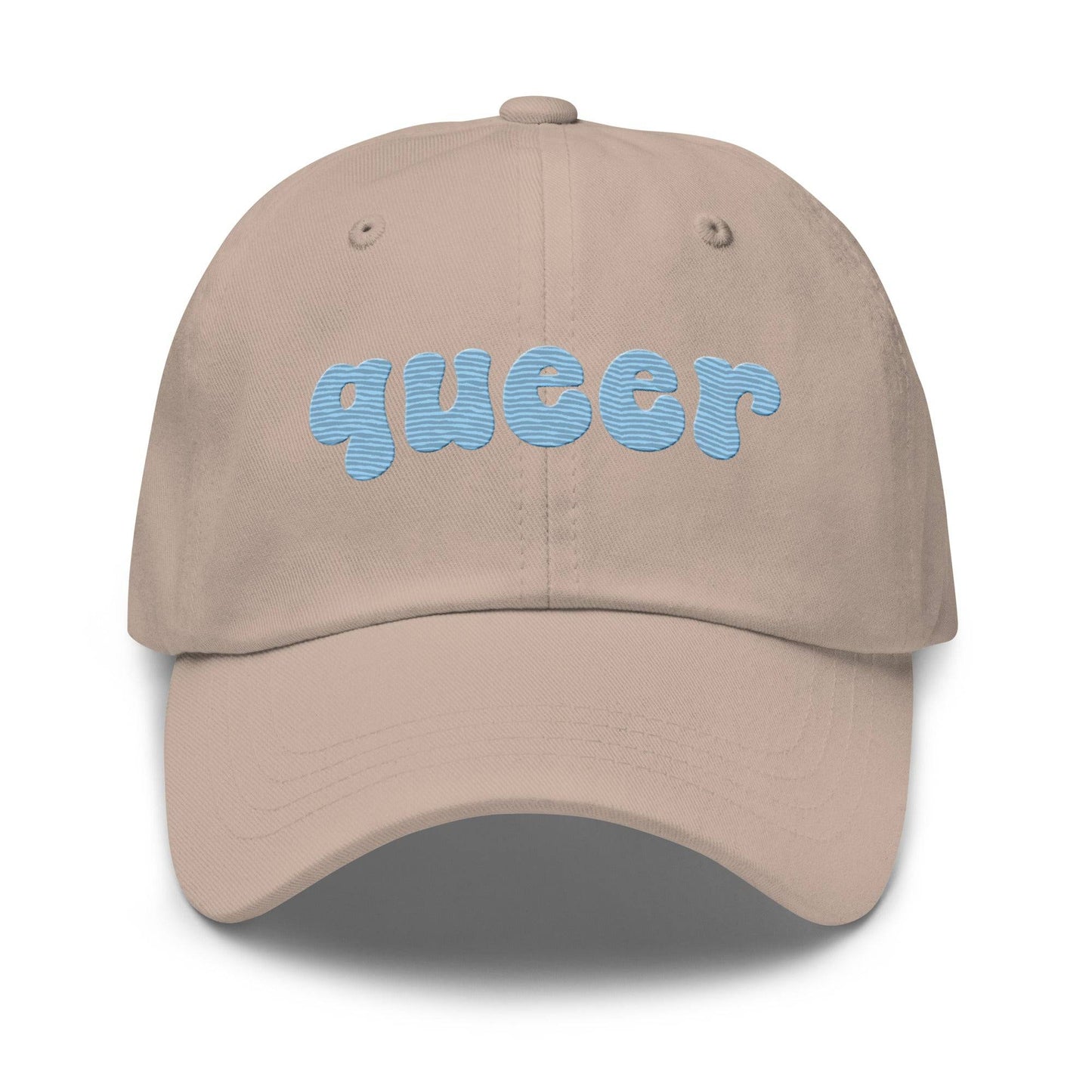 Introducing the Queer Cap by Pridelity, a black baseball cap with "queer" elegantly embroidered in light blue bold, rounded letters on the front. Perfect for pride outfits, it features a curved brim and top ventilation eyelets for added comfort.
