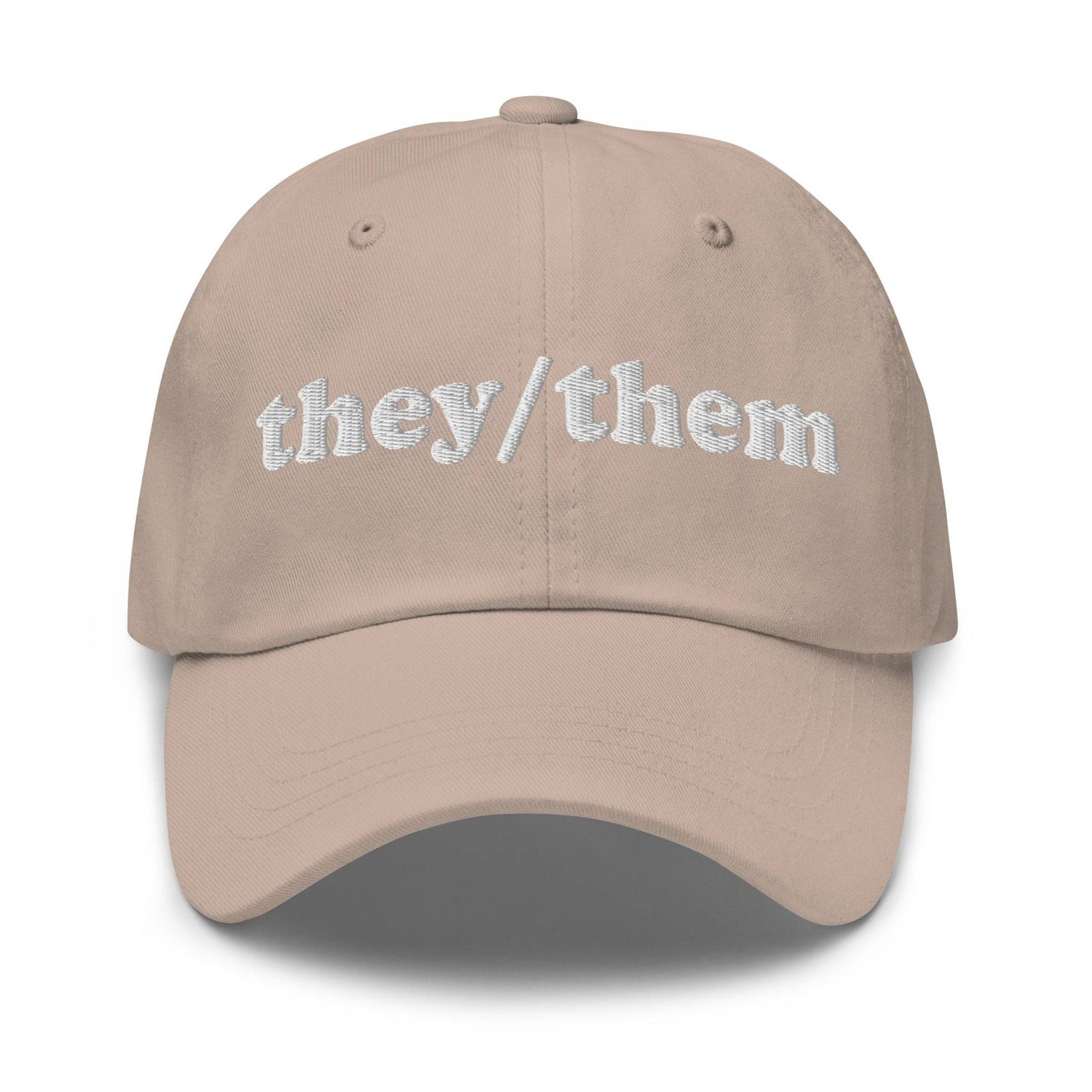 Introducing the They/Them Cap by Pridelity, a stylish black cap with "they/them" embroidered in white on the front, making it an ideal accessory for pairing with pride outfits.