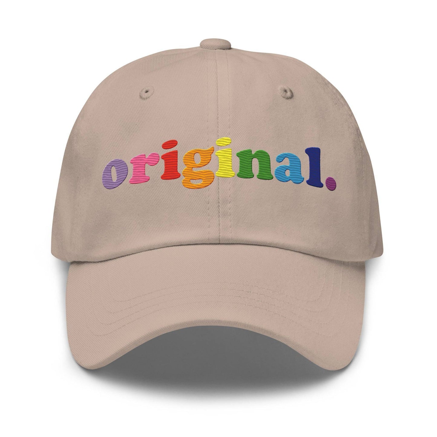 Black baseball cap by Pridelity, featuring the word "Original" embroidered in a vibrant rainbow gradient, perfect for pride outfits.