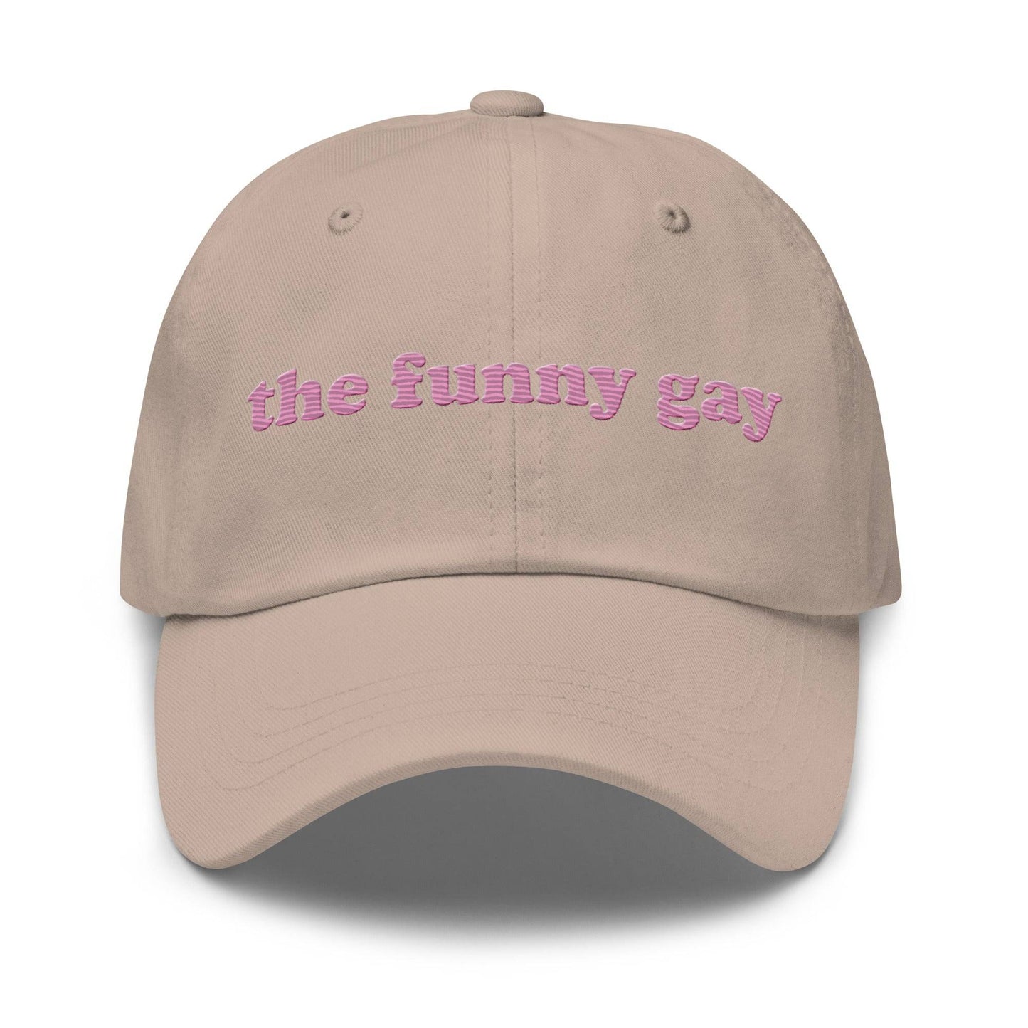 Introducing "The Funny Gay Cap" by Pridelity, a white cap featuring pink embroidered text that reads "the funny gay," ideal for adding a playful flair to your pride ensembles.