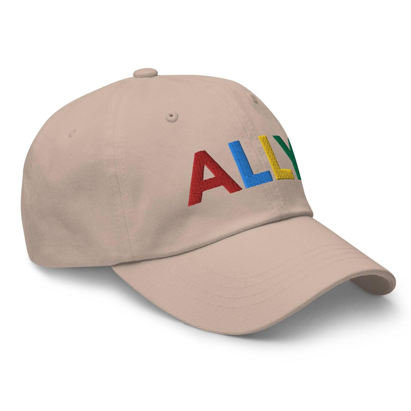 The Ally Cap by Pridelity in pink showcases the word "ALLY" beautifully embroidered in vibrant, multicolored letters: red, blue, yellow, and green.
