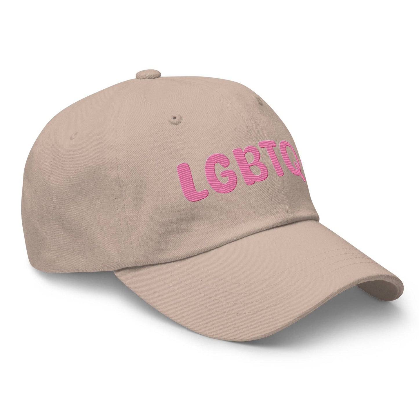 A white LGBTQ+ Cap by Pridelity, featuring pink lettering on the front, is perfect for enhancing pride outfits.