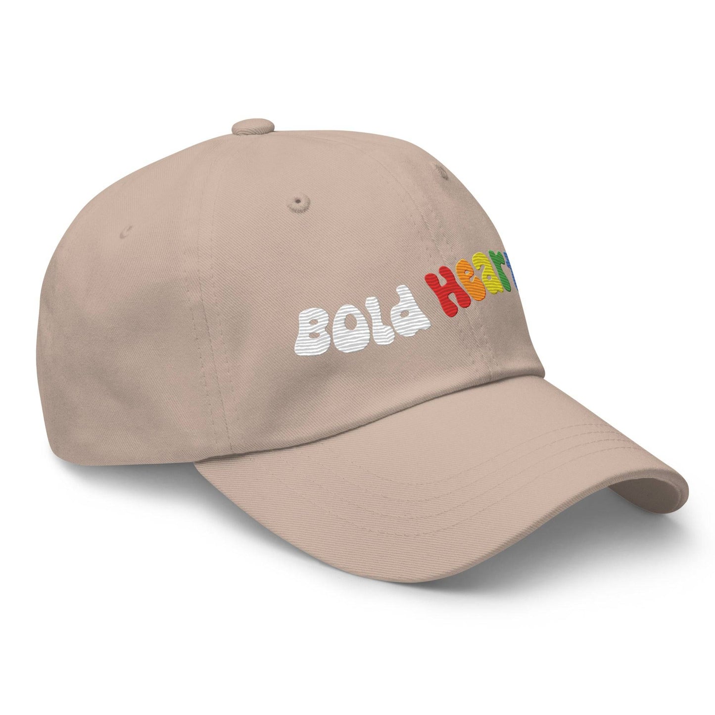 The Bold Hearts Cap by Pridelity, a black baseball cap with "Bold Hearts" embroidered in vibrant multicolored letters on the front, is a standout piece from our Pride Collections.