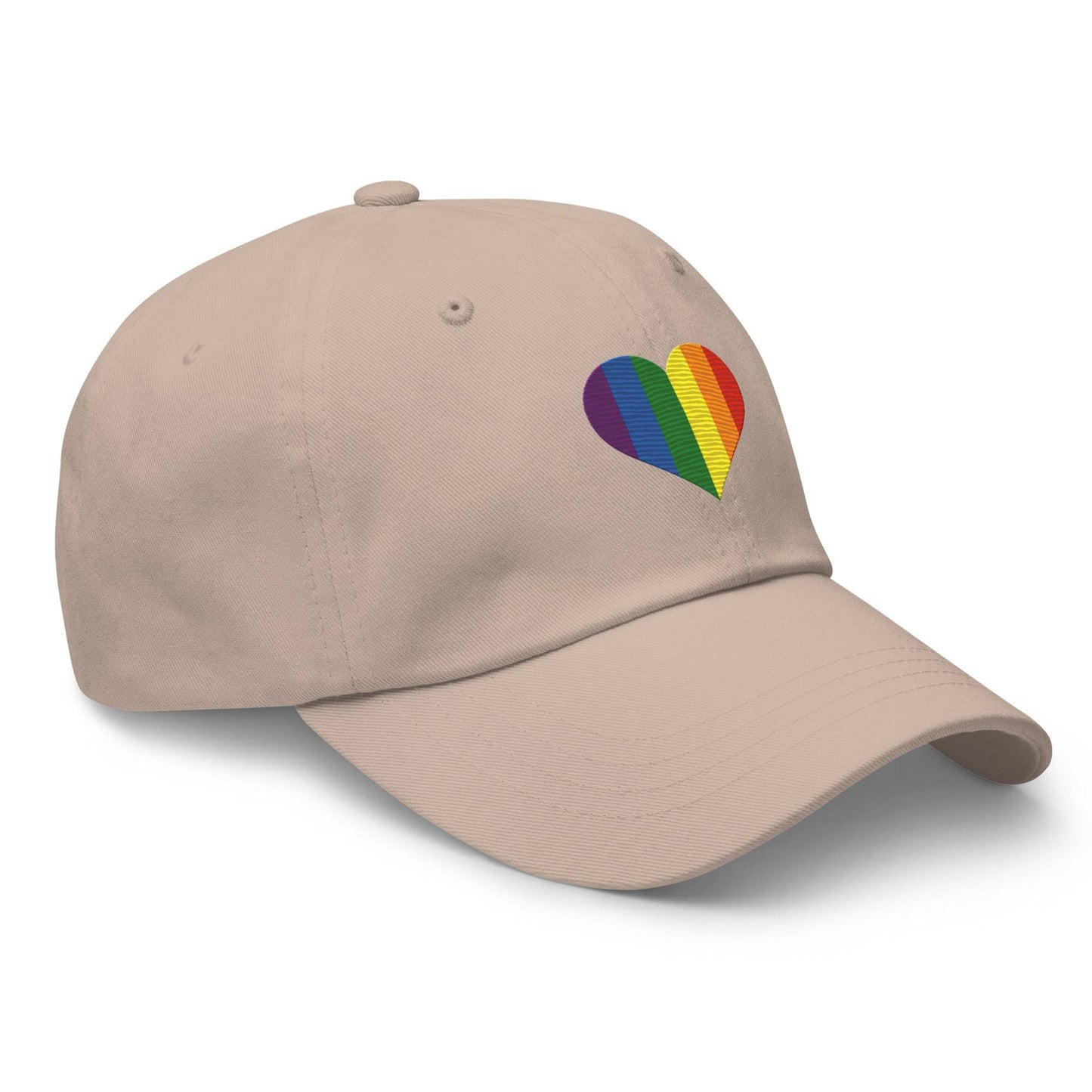 The Pride Heart Cap by Pridelity is a stylish black baseball cap adorned with a vibrant rainbow-colored heart design on the front, ideal for enhancing any pride outfit.