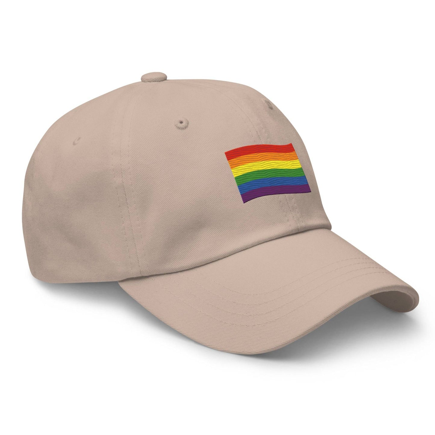 Introducing the Pridelity Pride Flag Cap, a sleek black design featuring a small rainbow flag emblem on the front. It's ideal for adding a touch of pride to your outfits, with the flag's horizontal stripes in red, orange, yellow, green, blue, and purple elegantly representing diversity and inclusion.