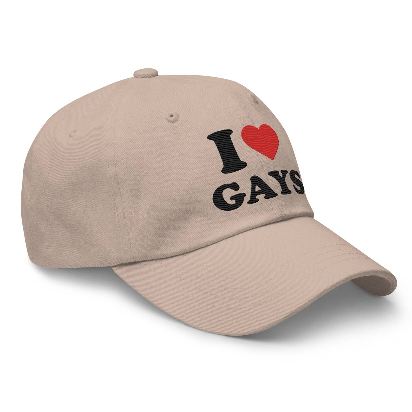 The I Love Gays Cap by Pridelity is a standout piece in pride outfits, showcasing the phrase "I ♥ GAYS" embroidered on its pink fabric. The heart is a vibrant red, with the rest of the message boldly displayed in black.