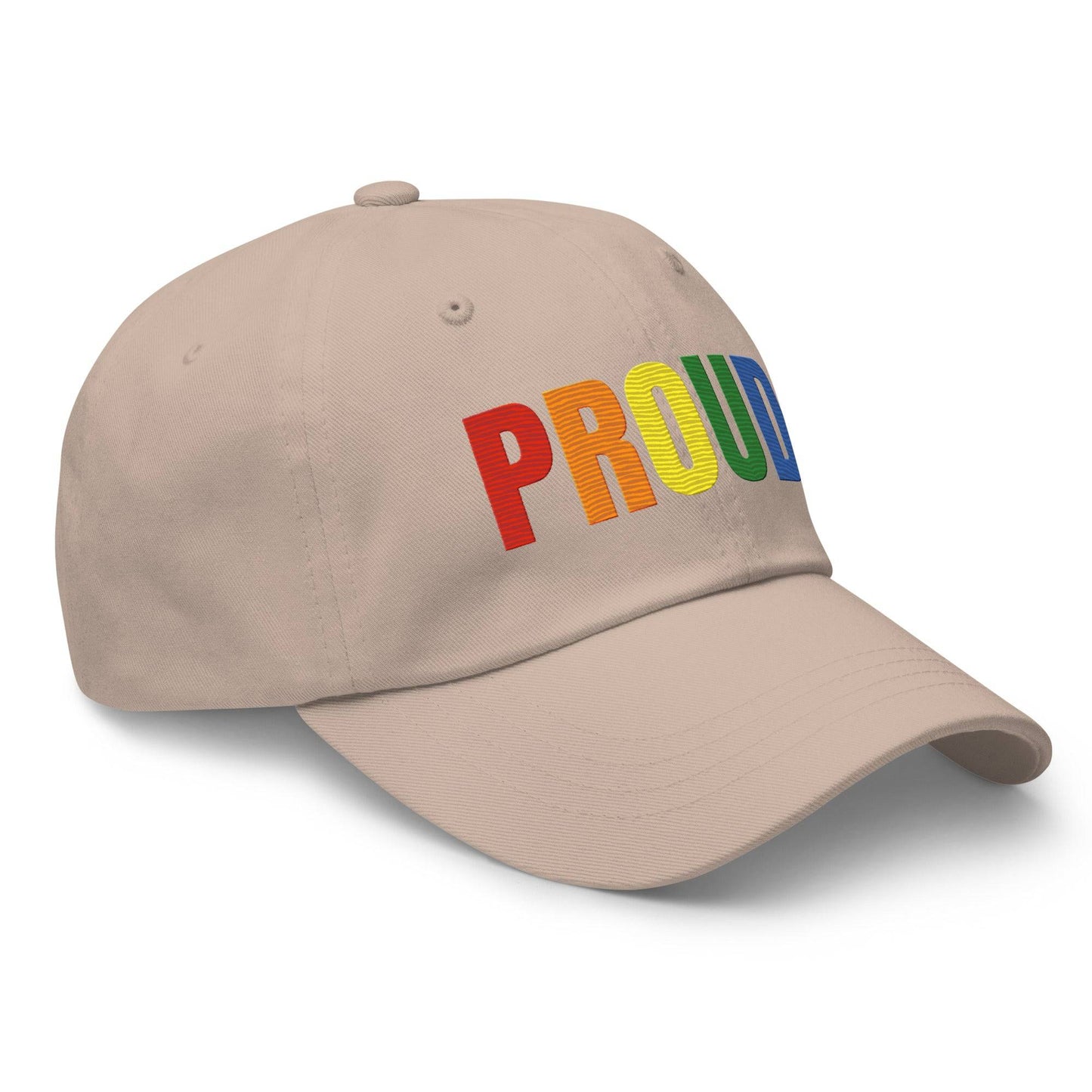 Check out the Proud. Cap by Pridelity—it's a stylish black cap featuring "PROUD." embroidered in vibrant rainbow colors, making it an ideal accessory to enhance any pride outfit.