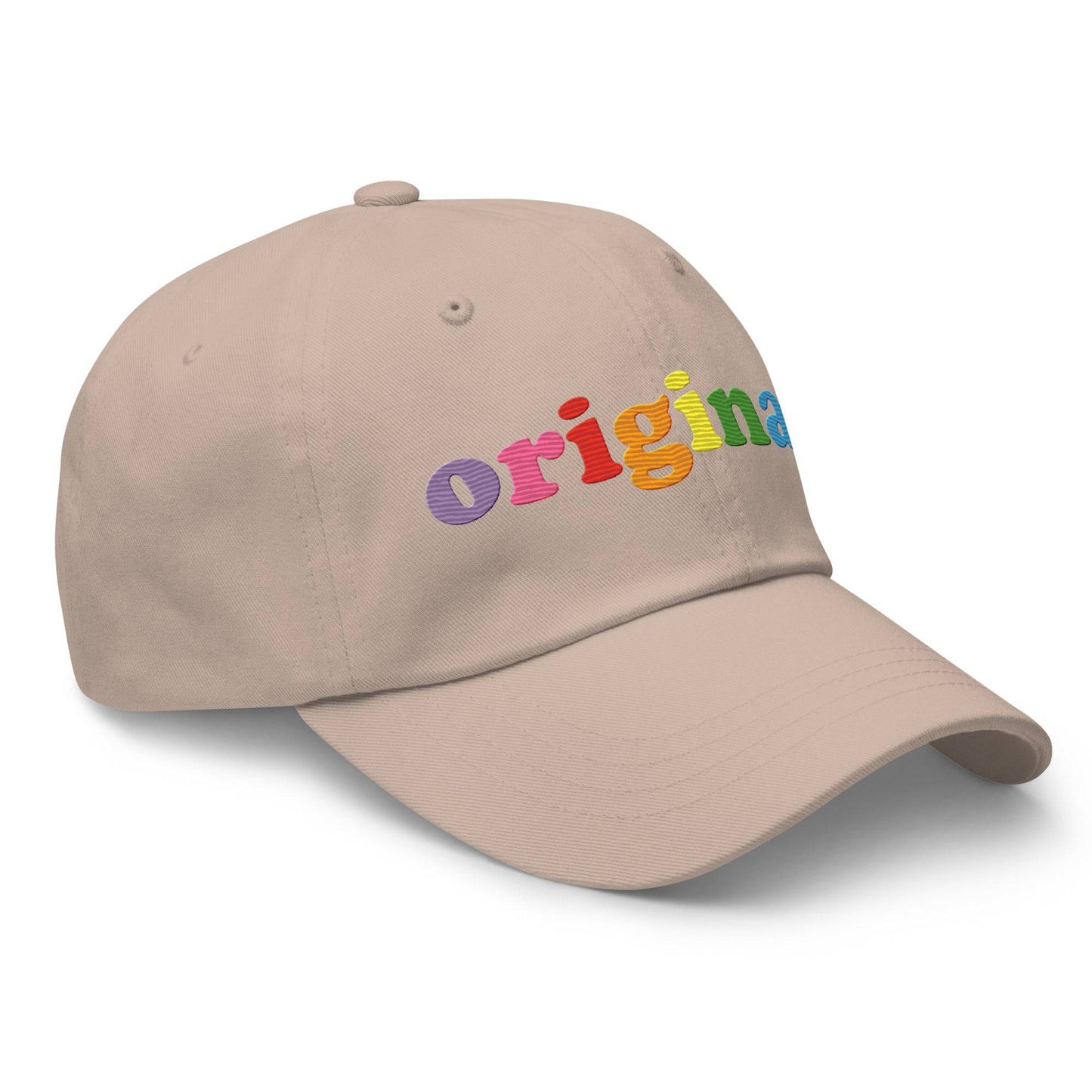 Black baseball cap by Pridelity, featuring the word "Original" embroidered in a vibrant rainbow gradient, perfect for pride outfits.