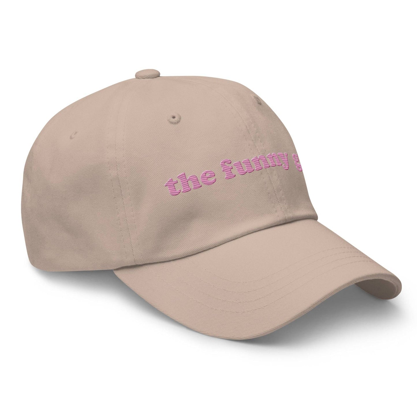 Introducing "The Funny Gay Cap" by Pridelity, a white cap featuring pink embroidered text that reads "the funny gay," ideal for adding a playful flair to your pride ensembles.