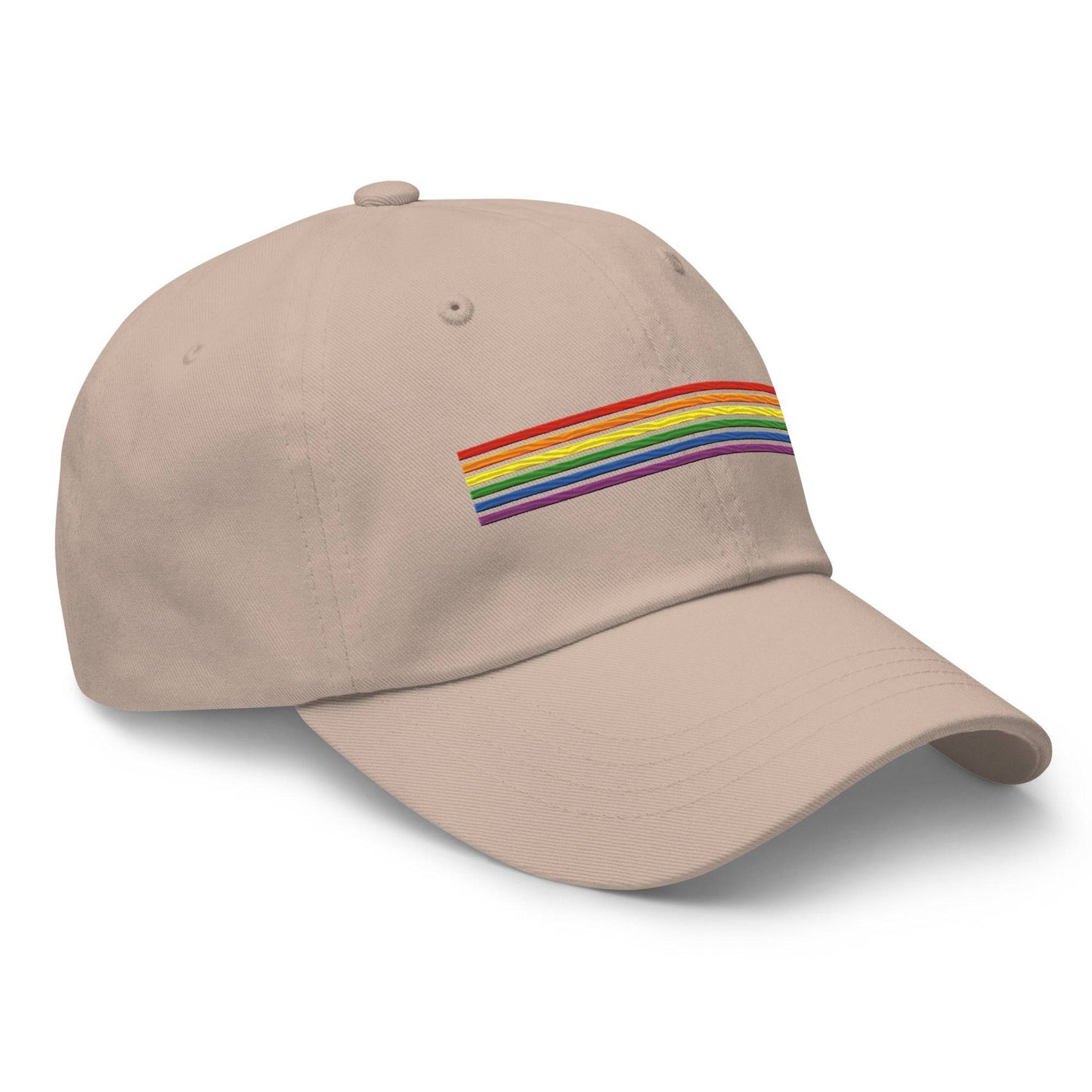 Introducing the Rainbow Stripes Cap by Pridelity: a black baseball cap adorned with a horizontal rainbow stripe, perfect for pride outfits. The vibrant colors pop against the dark fabric, making it a standout piece. Set against a white background, this cap is the ideal accessory to celebrate inclusivity and style.