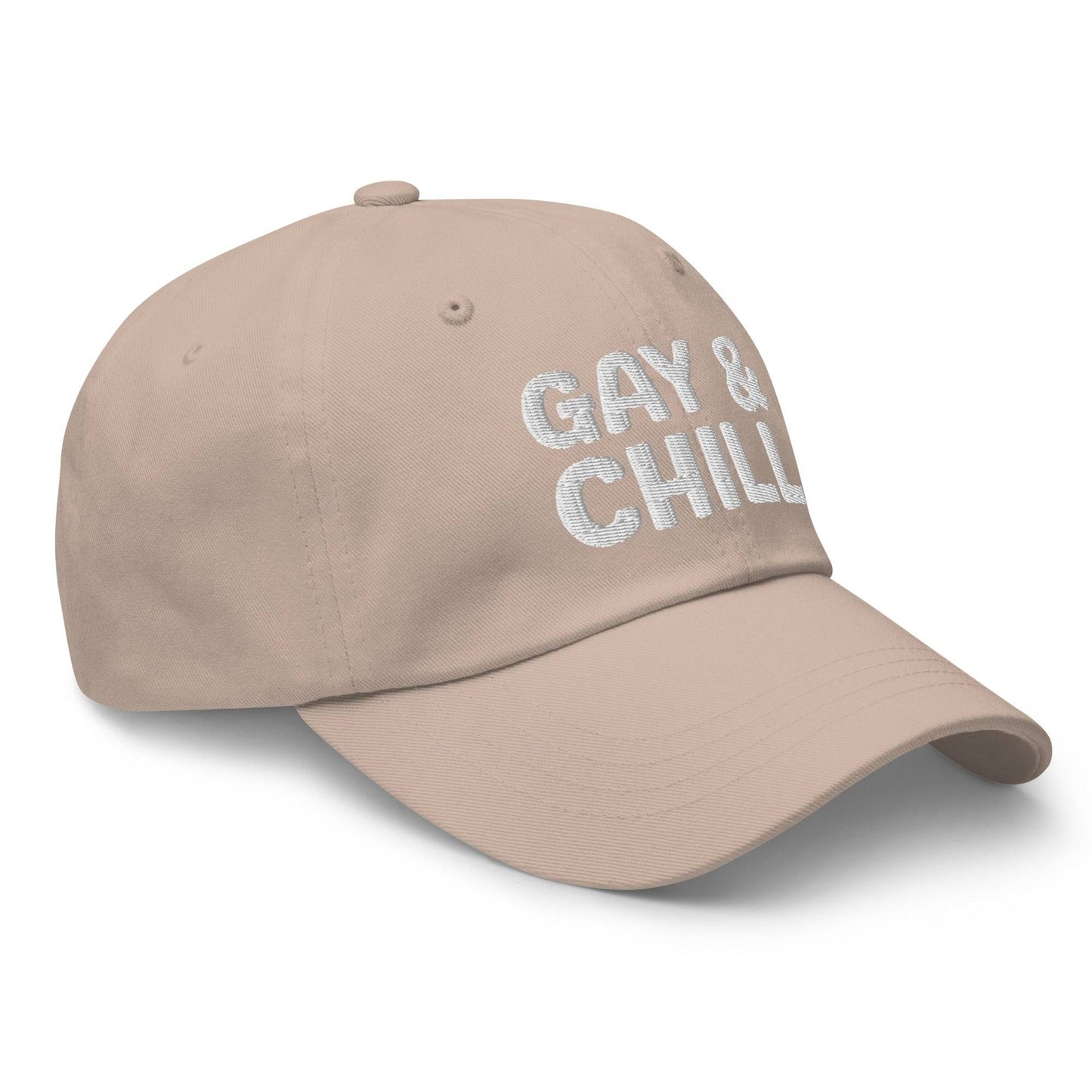 Introducing the Gay & Chill Cap by Pridelity, a black baseball cap ideal for pride outfits, featuring "GAY & CHILL" embroidered in white across the front.